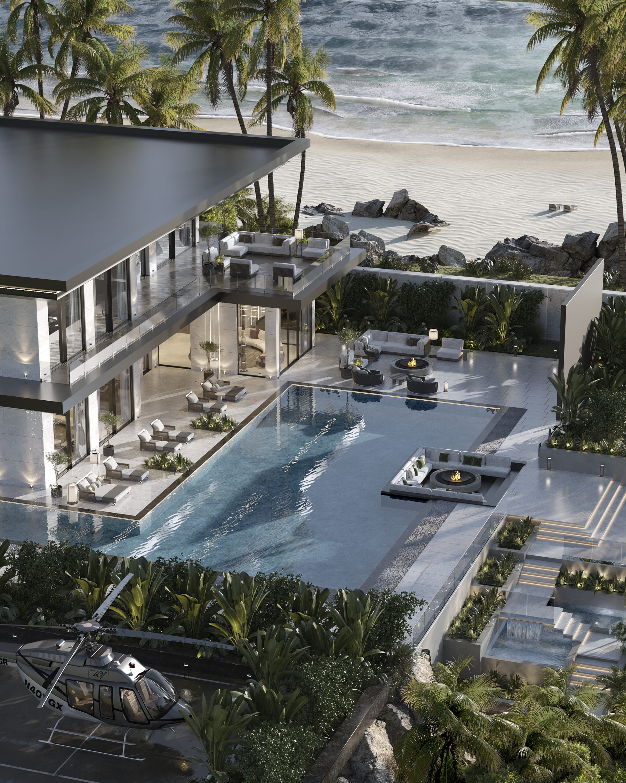 Modern beachfront villa with pool, aerial view — modern villa design Dubai