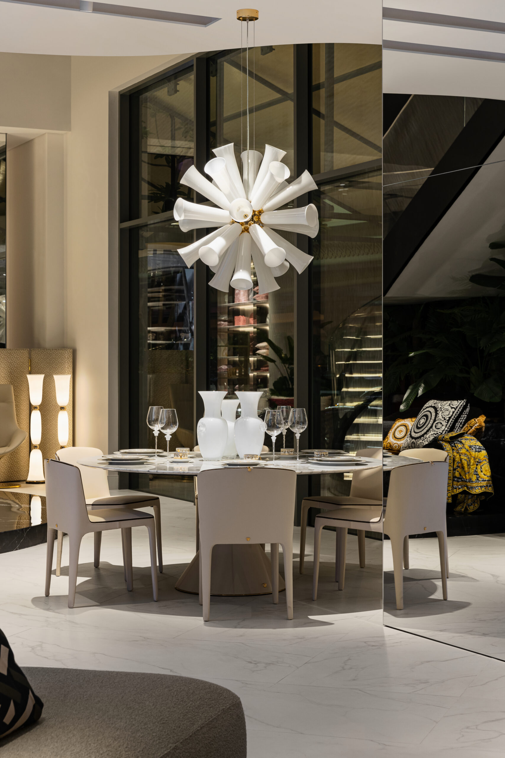Showroom dining display, commercial fit-out, Versace Home showroom Dubai Mall — commercial interior design by Solomia Design