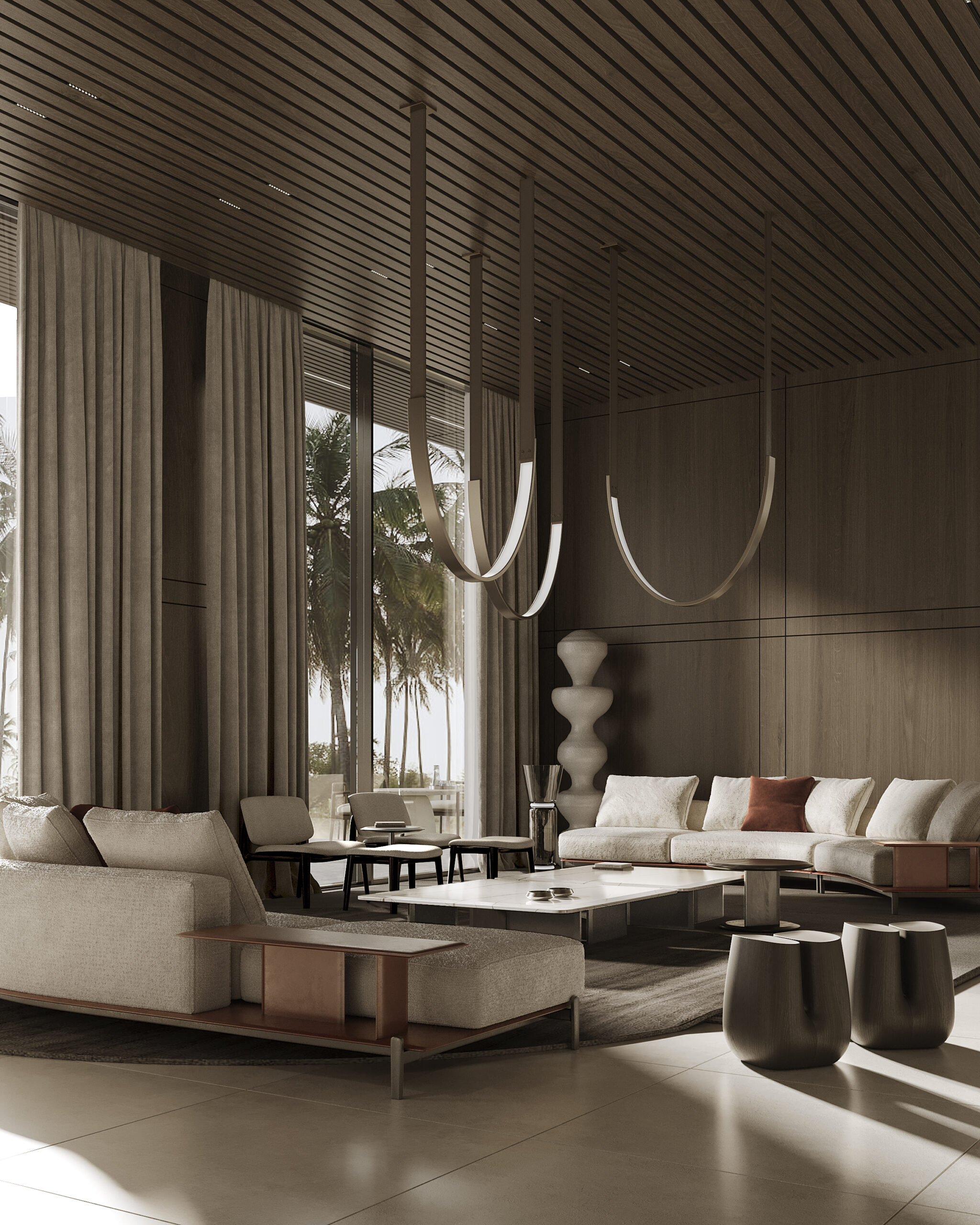 Lounge with wood-slat ceiling — interior fit-out Dubai