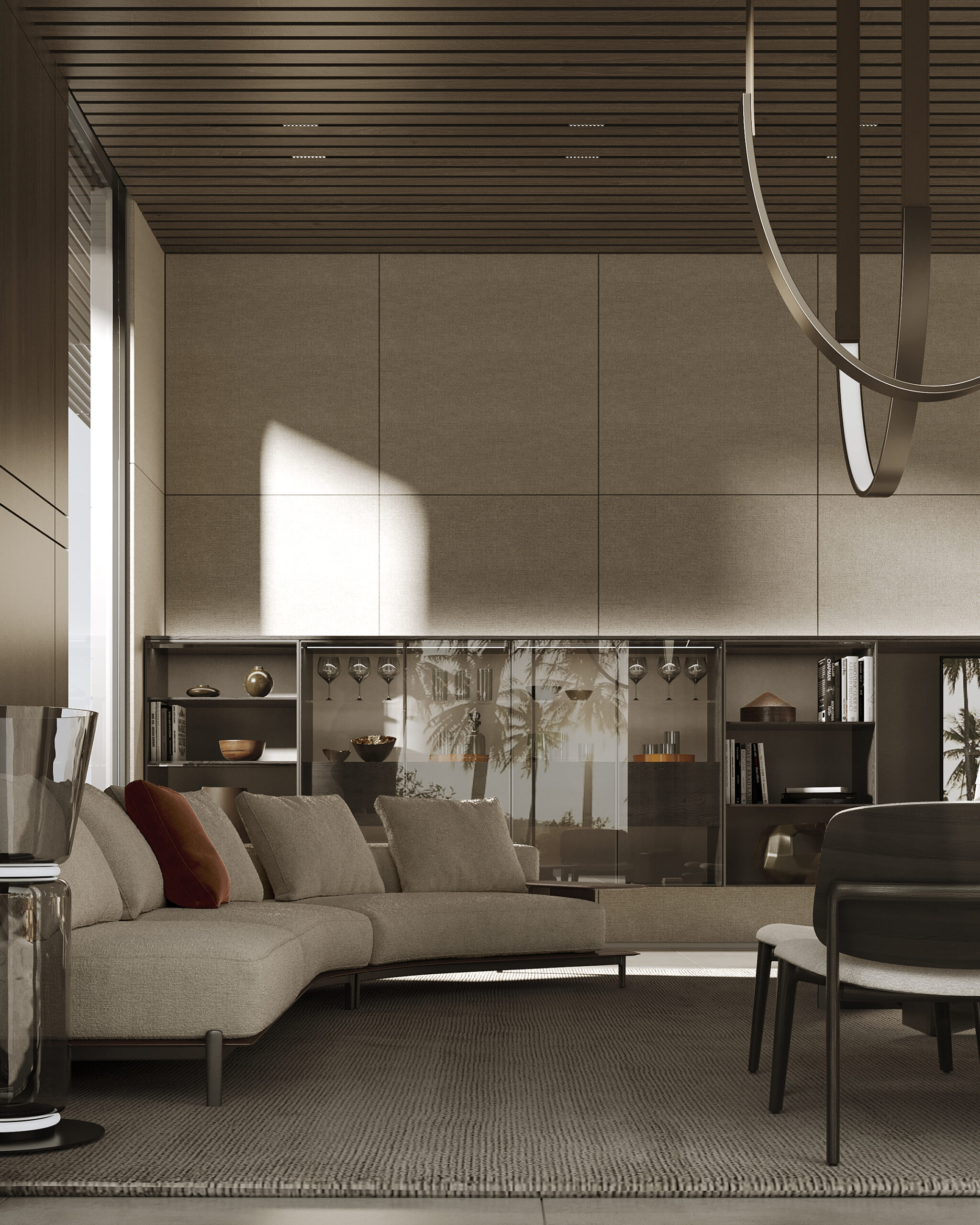 Living room with curved sofa and wood ceiling — interior fit-out Dubai