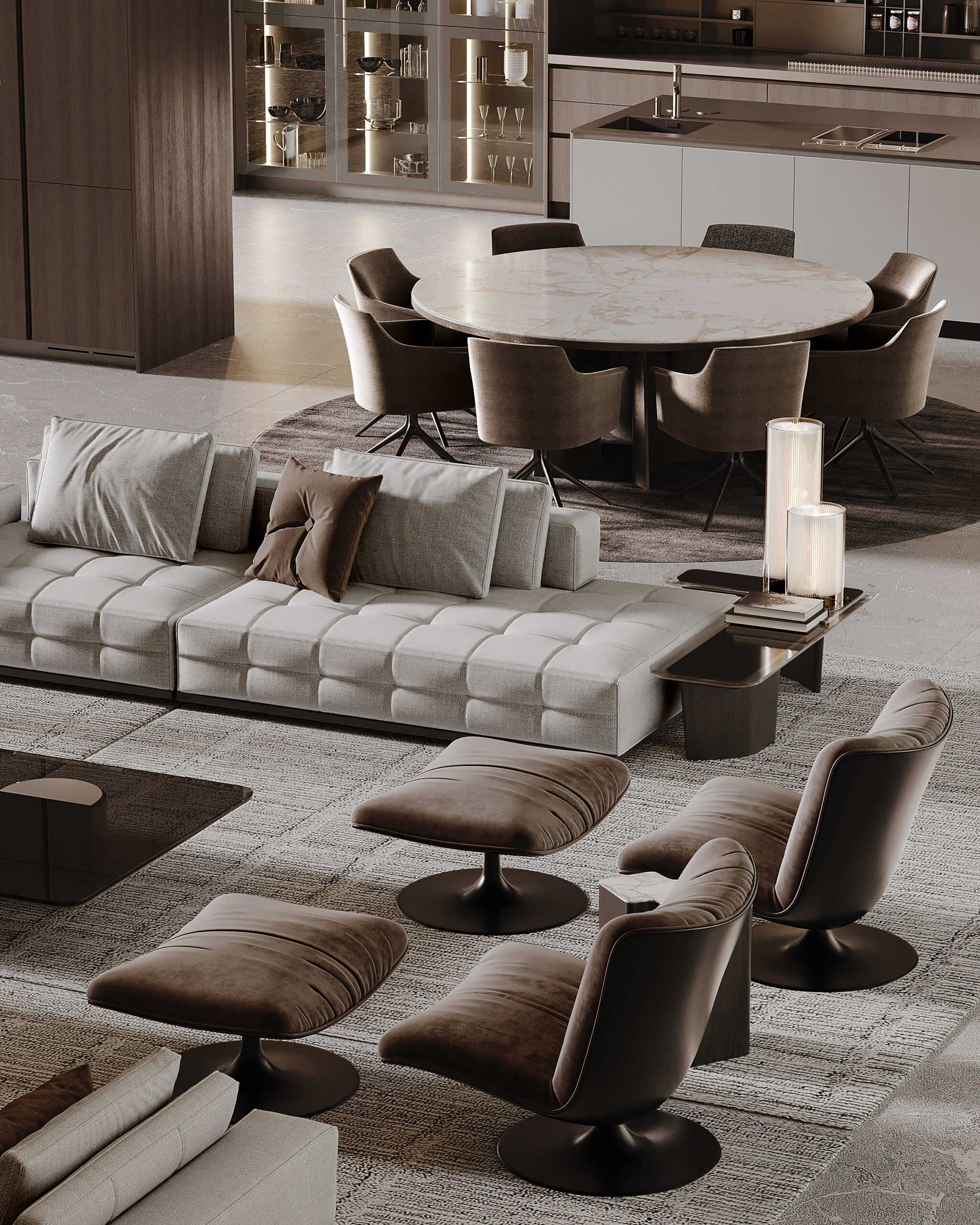 Lounge with round dining table and swivel chairs — interior fit-out Dubai