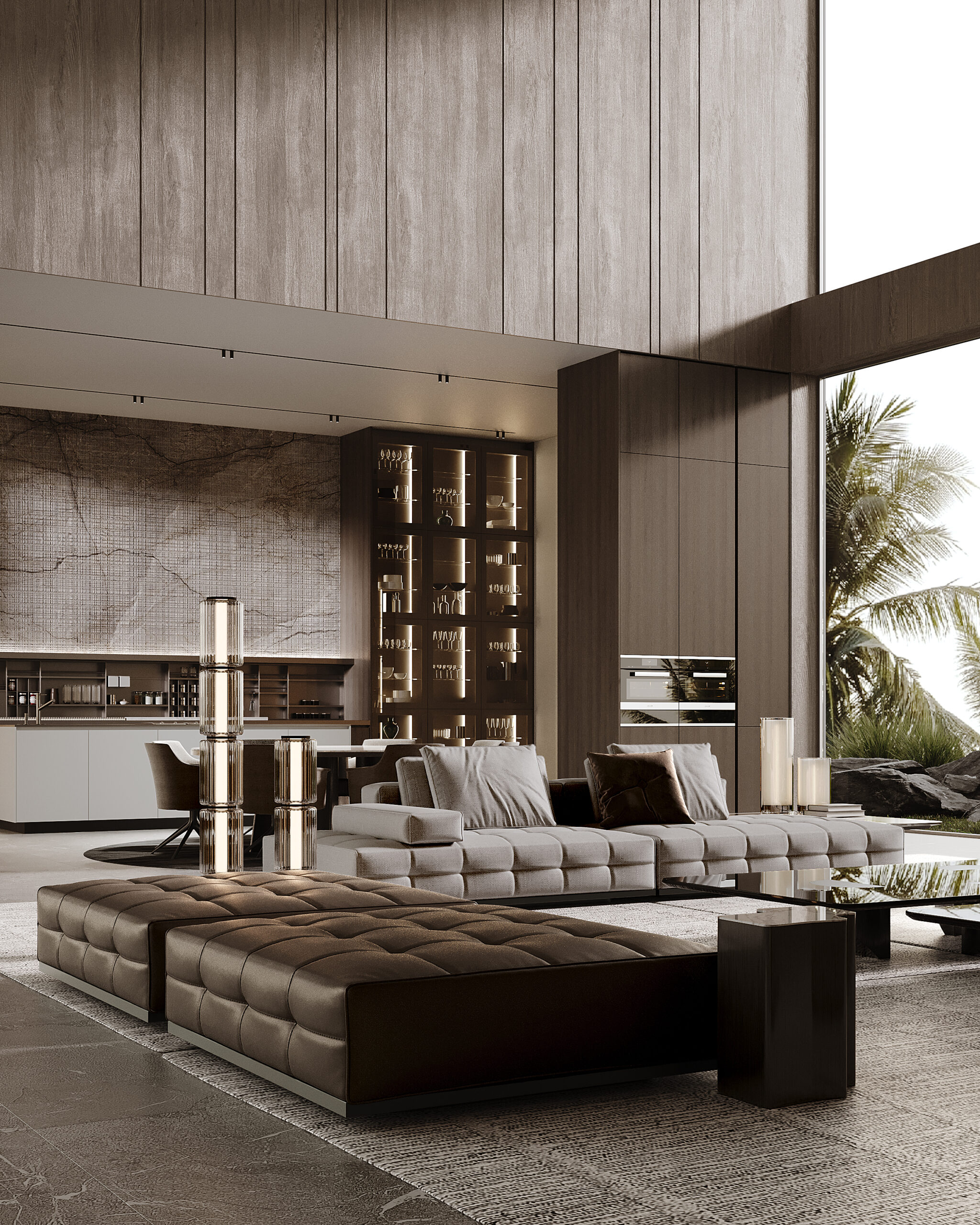 Lounge with tufted leather sofas — interior fit-out Dubai