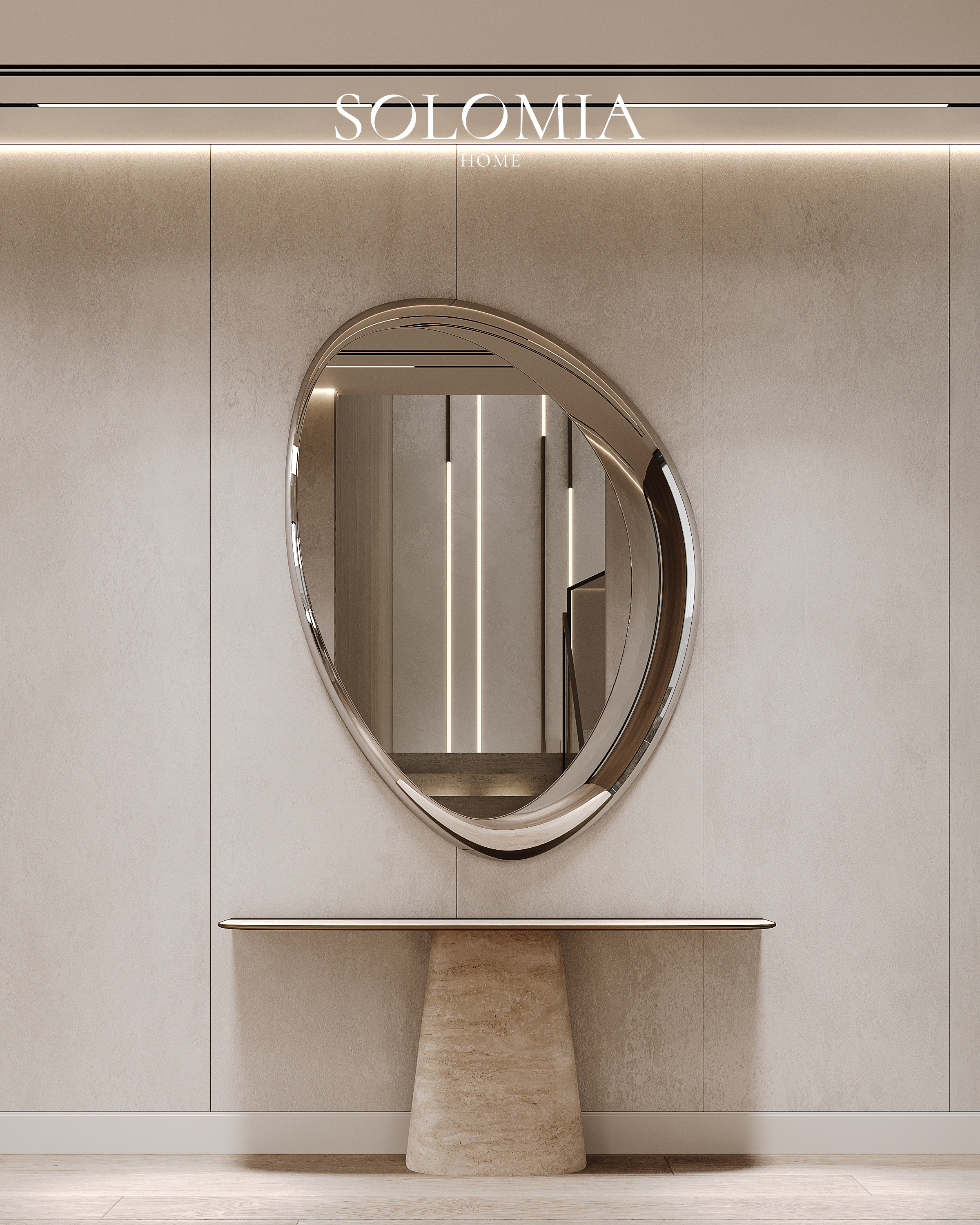 Entrance hall with oval mirror, Sobha Hartland — luxury interior design Dubai