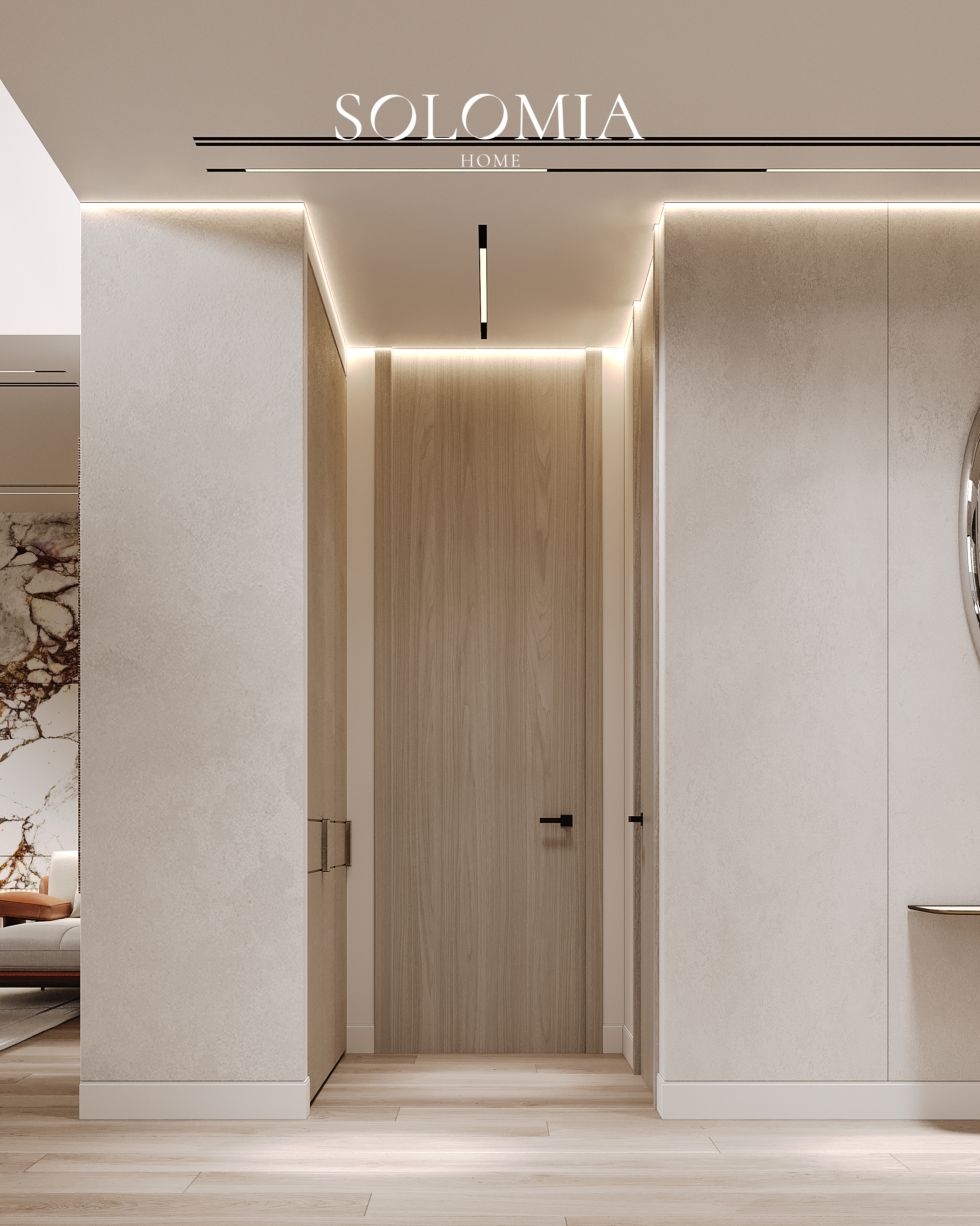 Hall with wood door and lighting, Sobha Hartland — luxury interior design Dubai