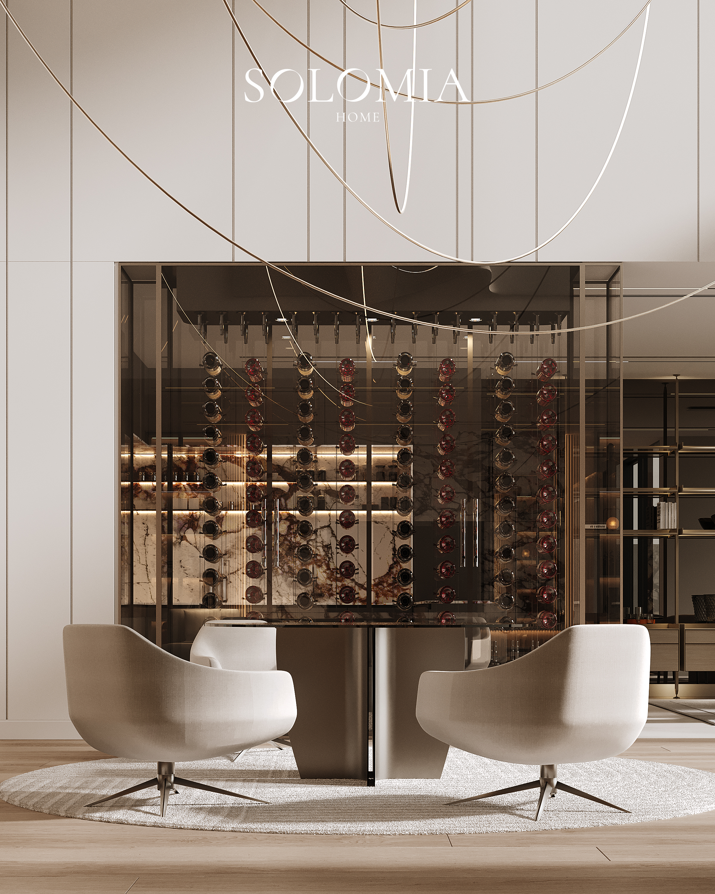 Lounge with wine cabinet and armchairs, Sobha Hartland — luxury interior design Dubai