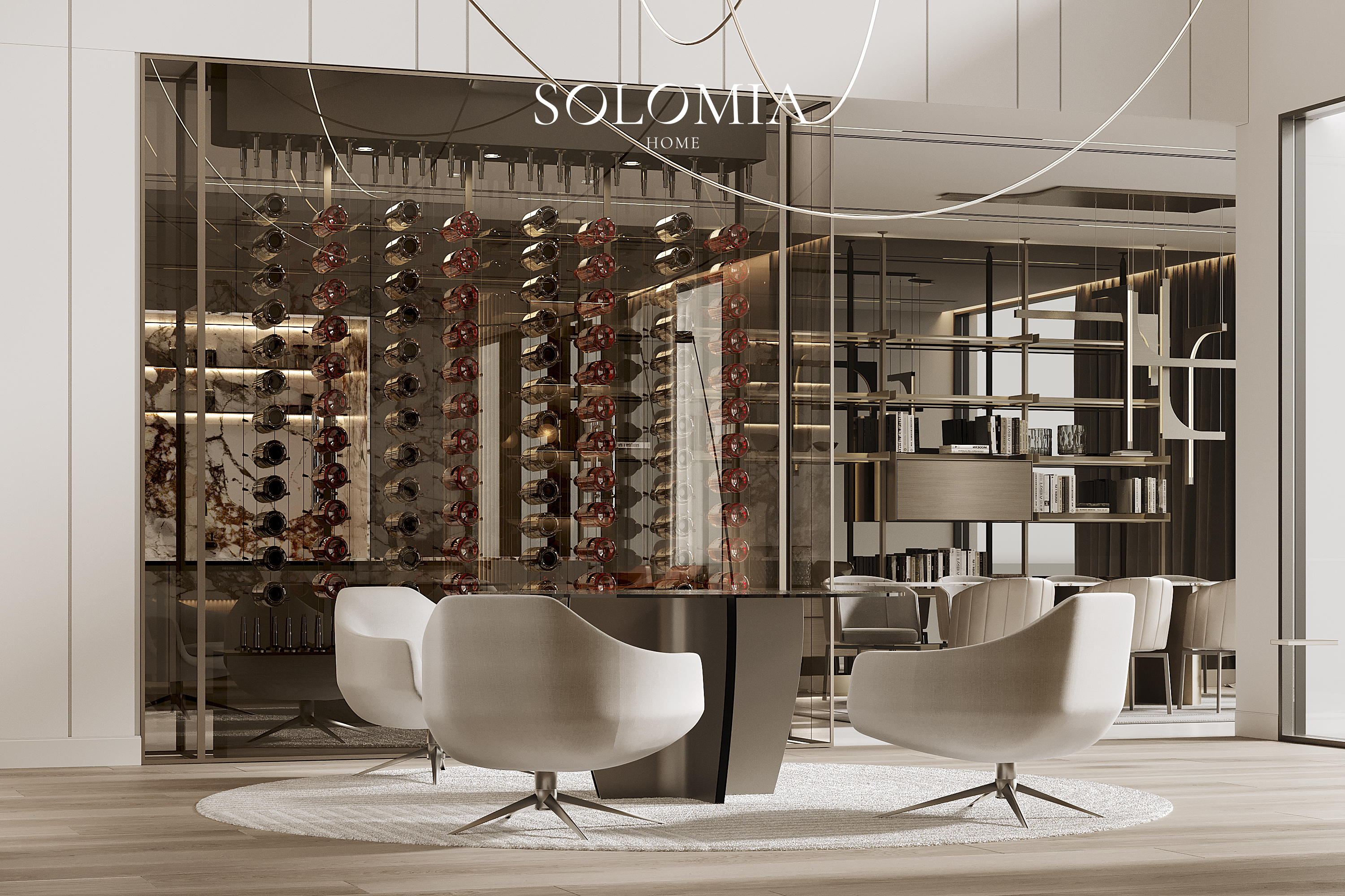 Lounge with wine wall, Sobha Hartland — luxury interior design Dubai