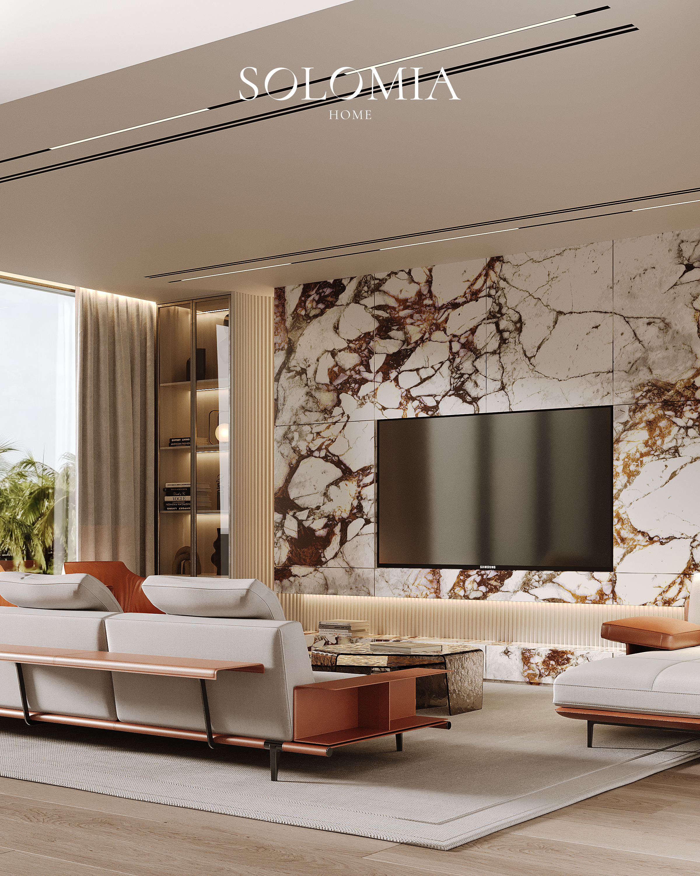 Living room with marble TV wall, Sobha Hartland — luxury interior design Dubai