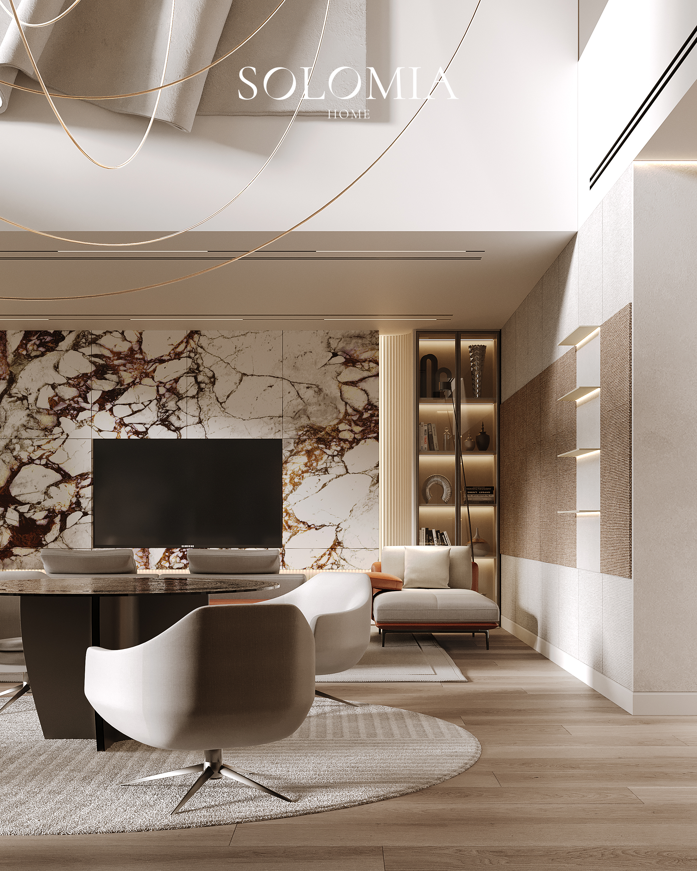 Living area with marble wall and armchair, Sobha Hartland — luxury interior design Dubai
