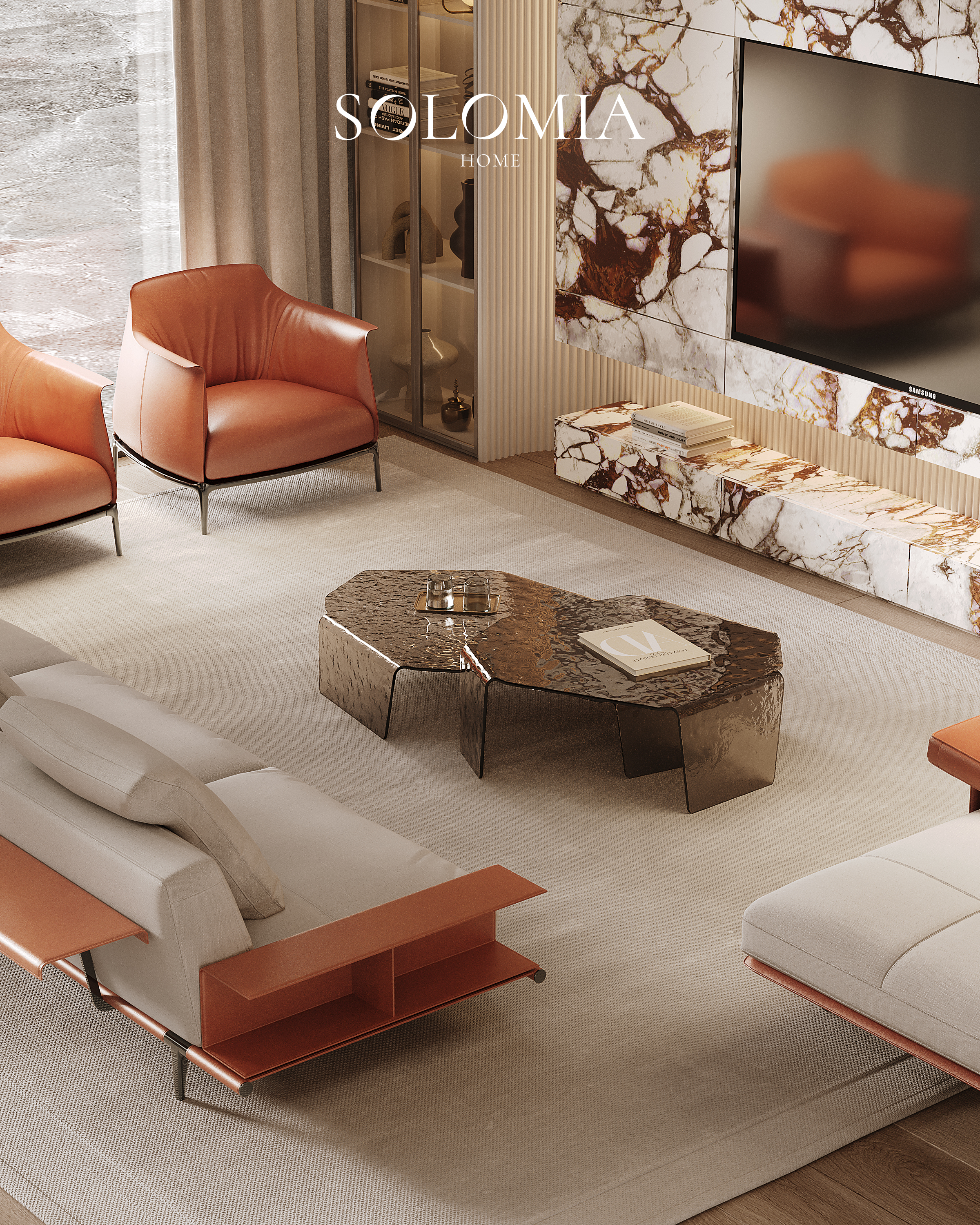 Living area with orange armchairs, Sobha Hartland — luxury interior design Dubai