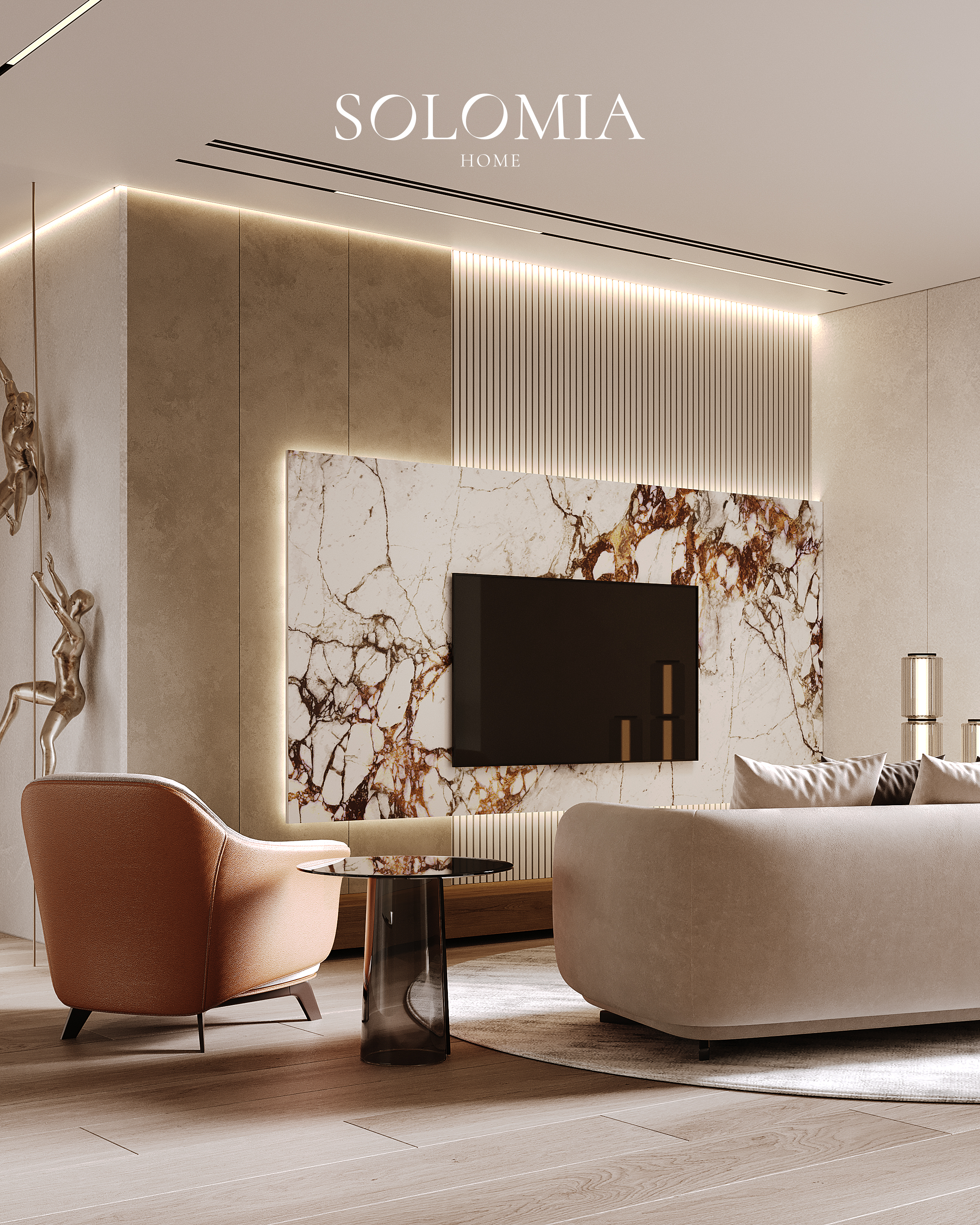 TV wall with marble and orange armchair, Sobha Hartland — luxury interior design Dubai