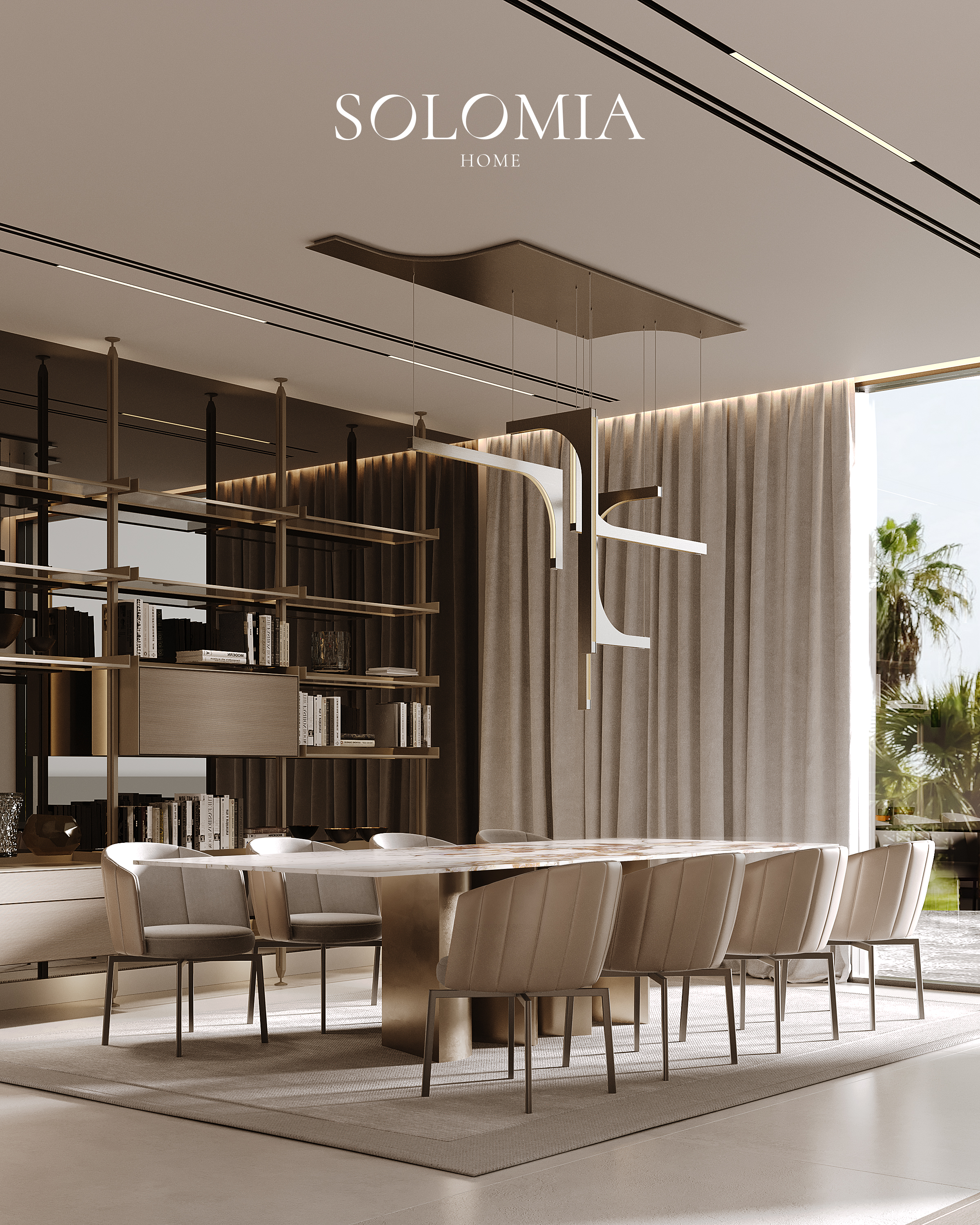 Dining room with shelving screen, Sobha Hartland — luxury interior design Dubai