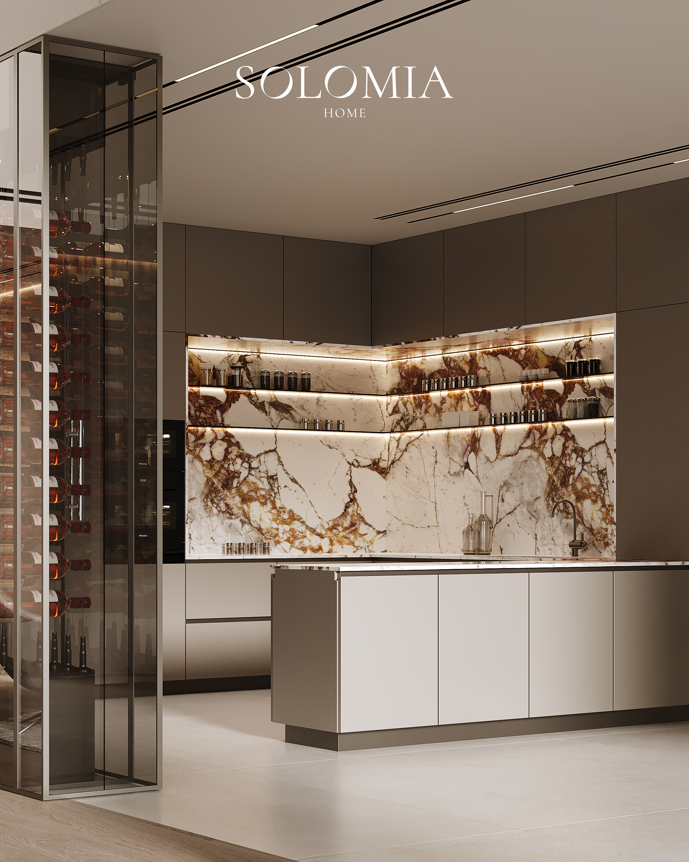 Kitchen with wine cabinet, Sobha Hartland — luxury interior design Dubai
