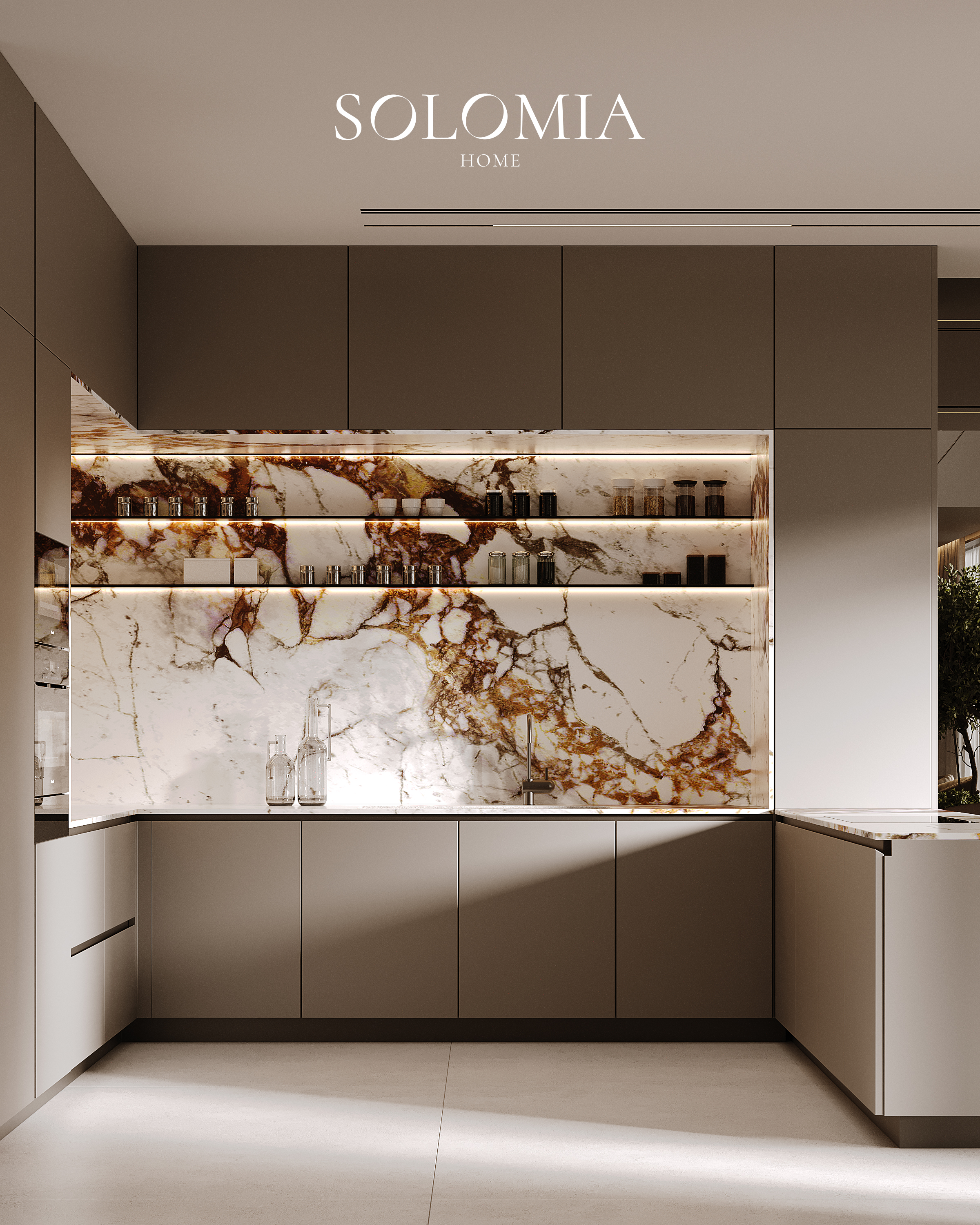 Kitchen with marble backsplash, Sobha Hartland — luxury interior design Dubai