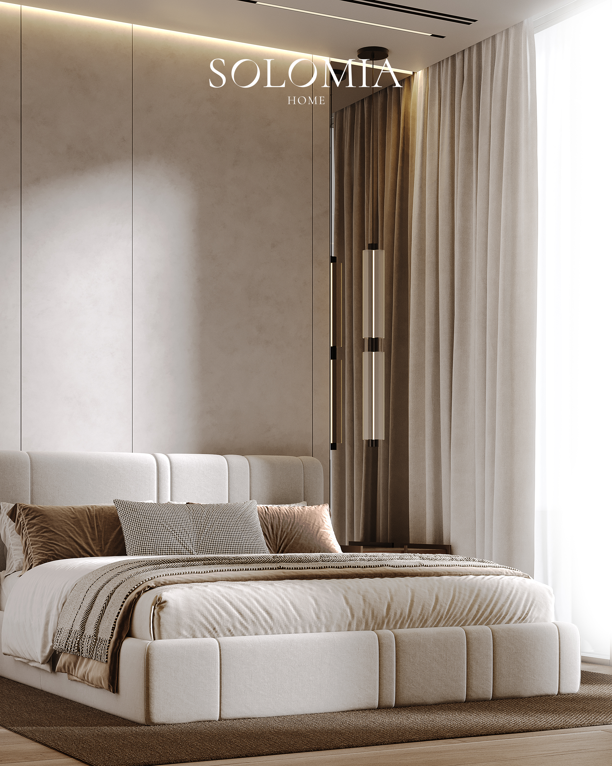 Bedroom with beige bed, Sobha Hartland — luxury interior design Dubai