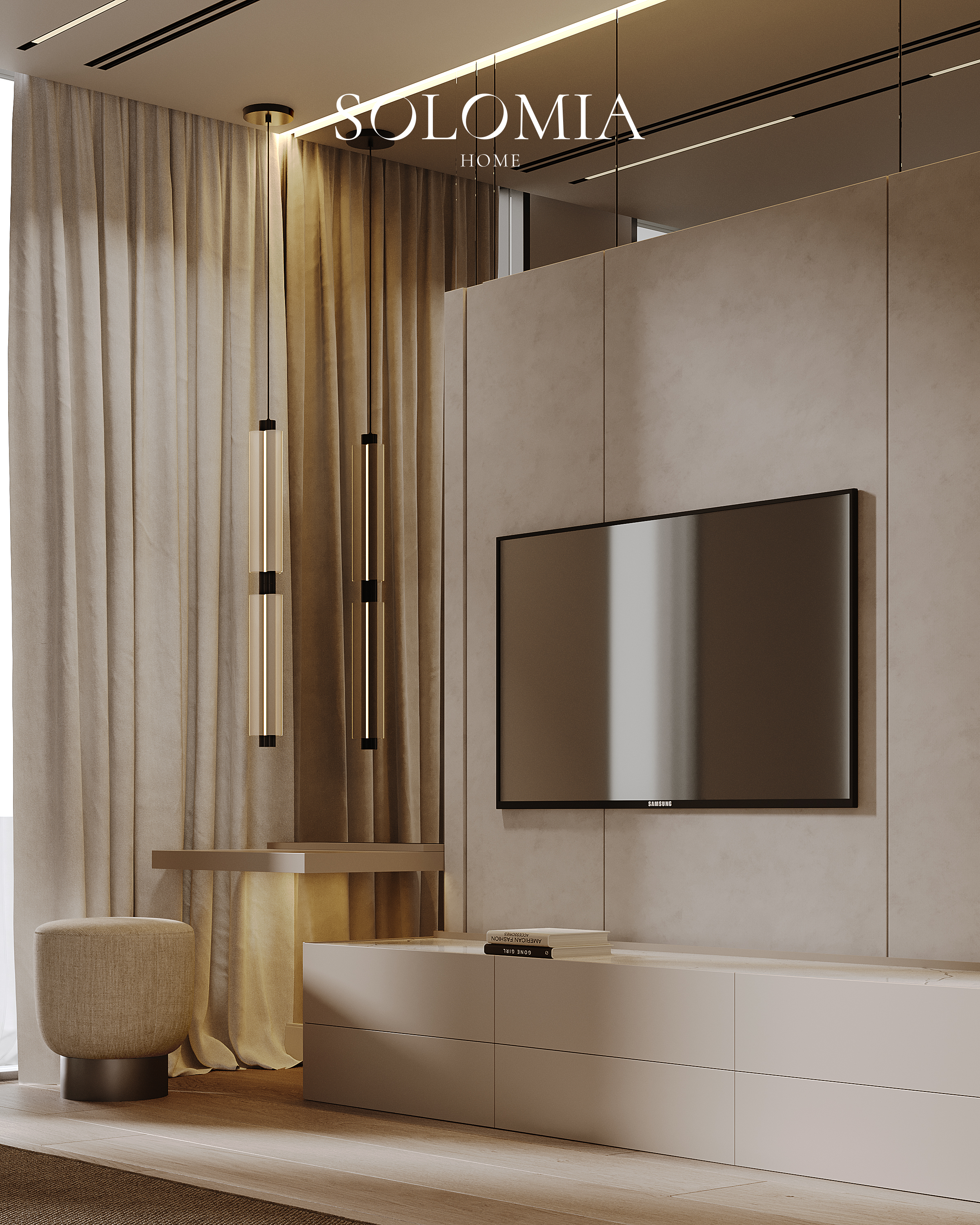 Bedroom with TV and desk, Sobha Hartland — luxury interior design Dubai