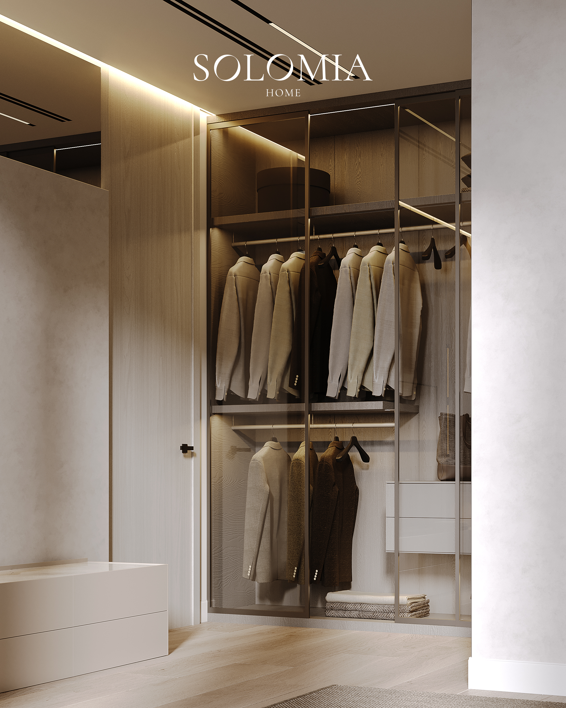 Walk-in wardrobe with glass doors, Sobha Hartland — luxury interior design Dubai