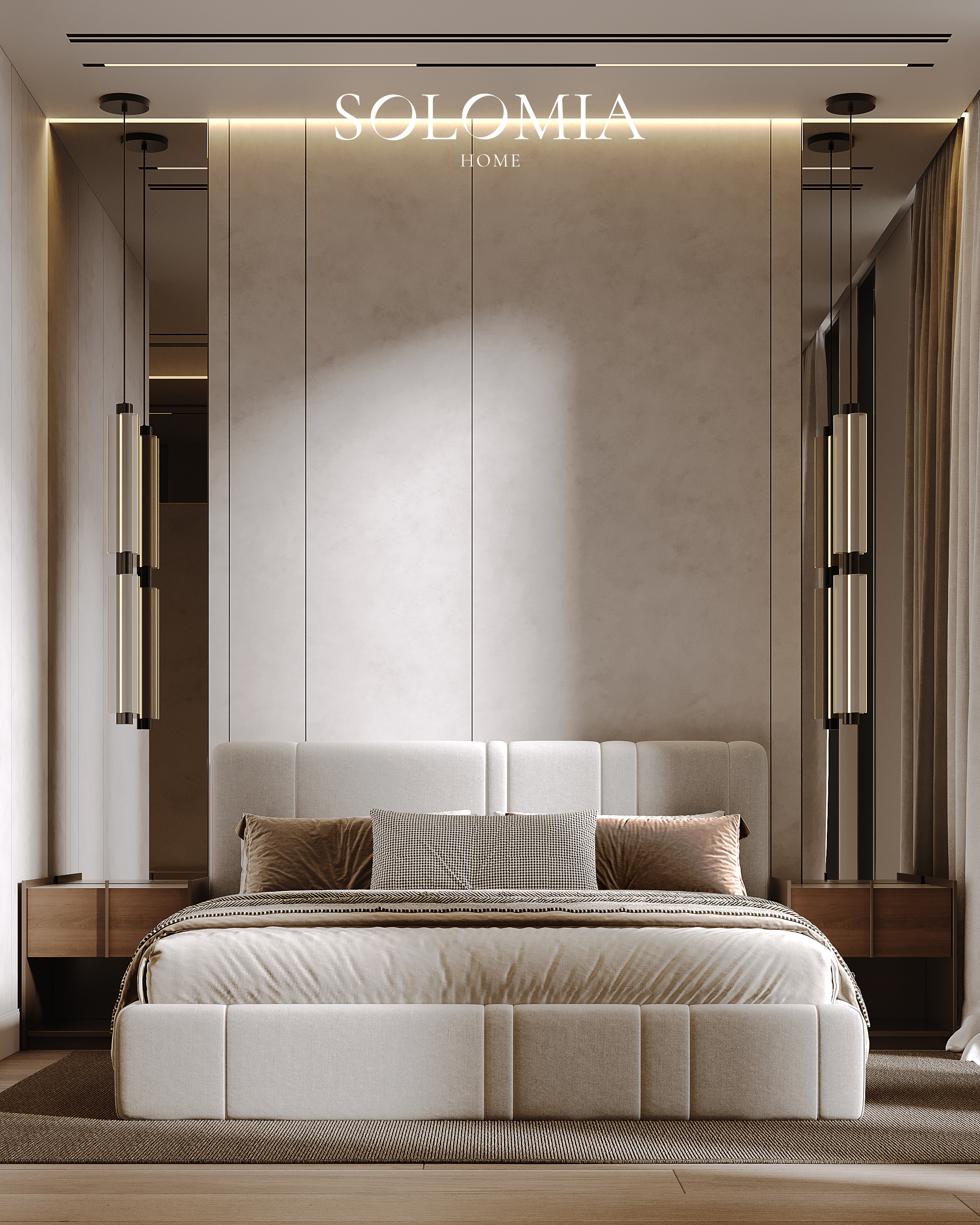 Bedroom with panelled headboard, Sobha Hartland — luxury interior design Dubai