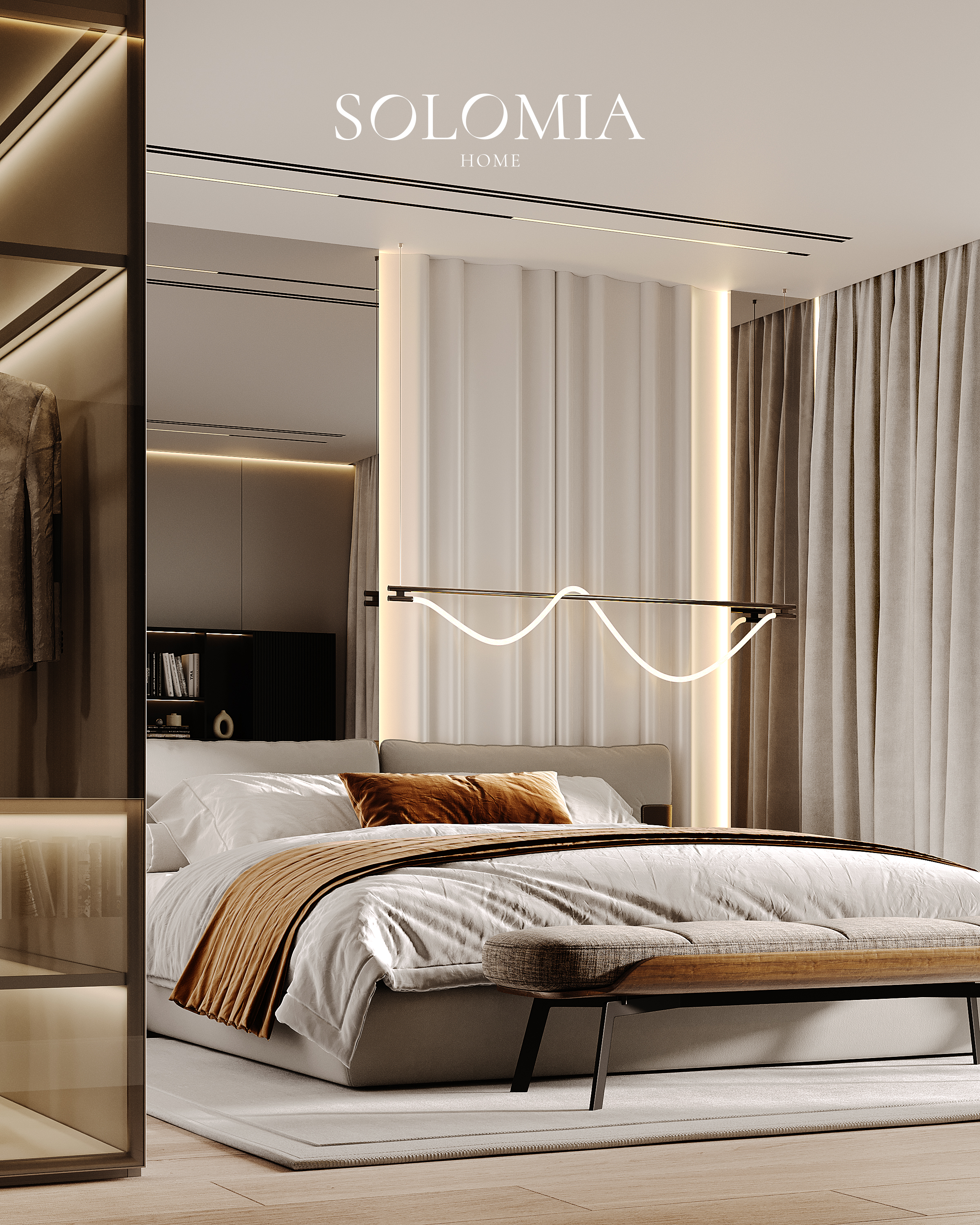Master bedroom with sculptural light, Sobha Hartland — luxury interior design Dubai