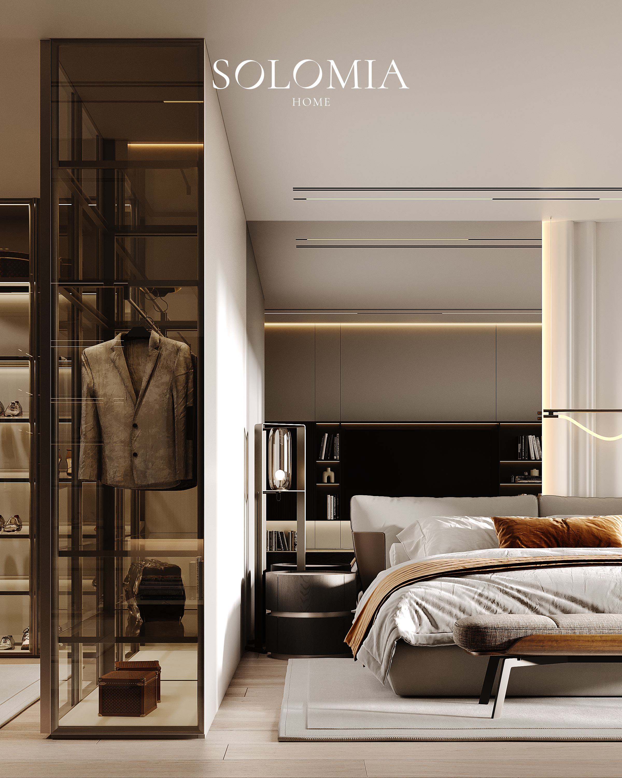 Master bedroom with glass wardrobe, Sobha Hartland — luxury interior design Dubai