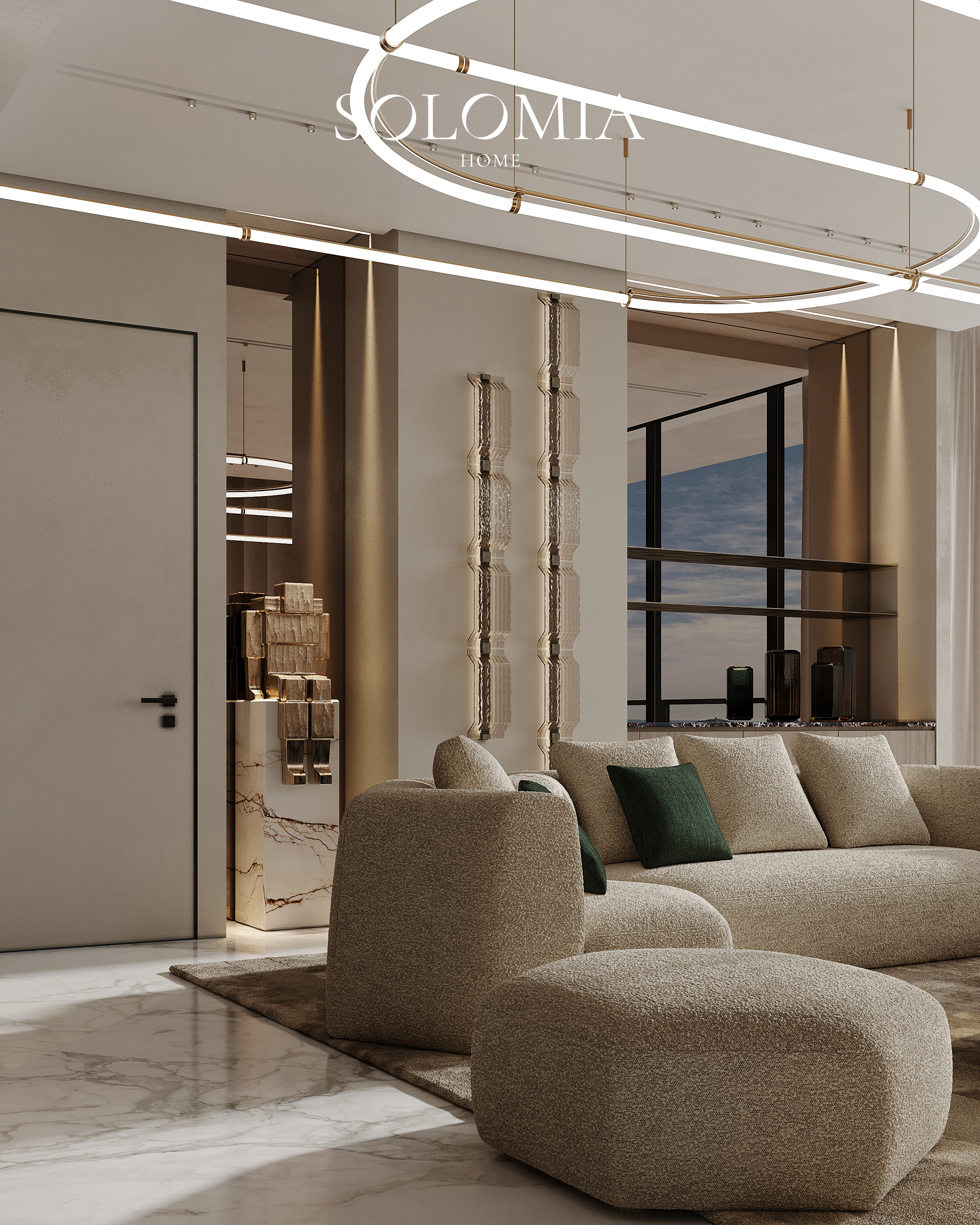 Lounge with beige sofa and ring light, Atlantis The Royal — luxury interior design Dubai