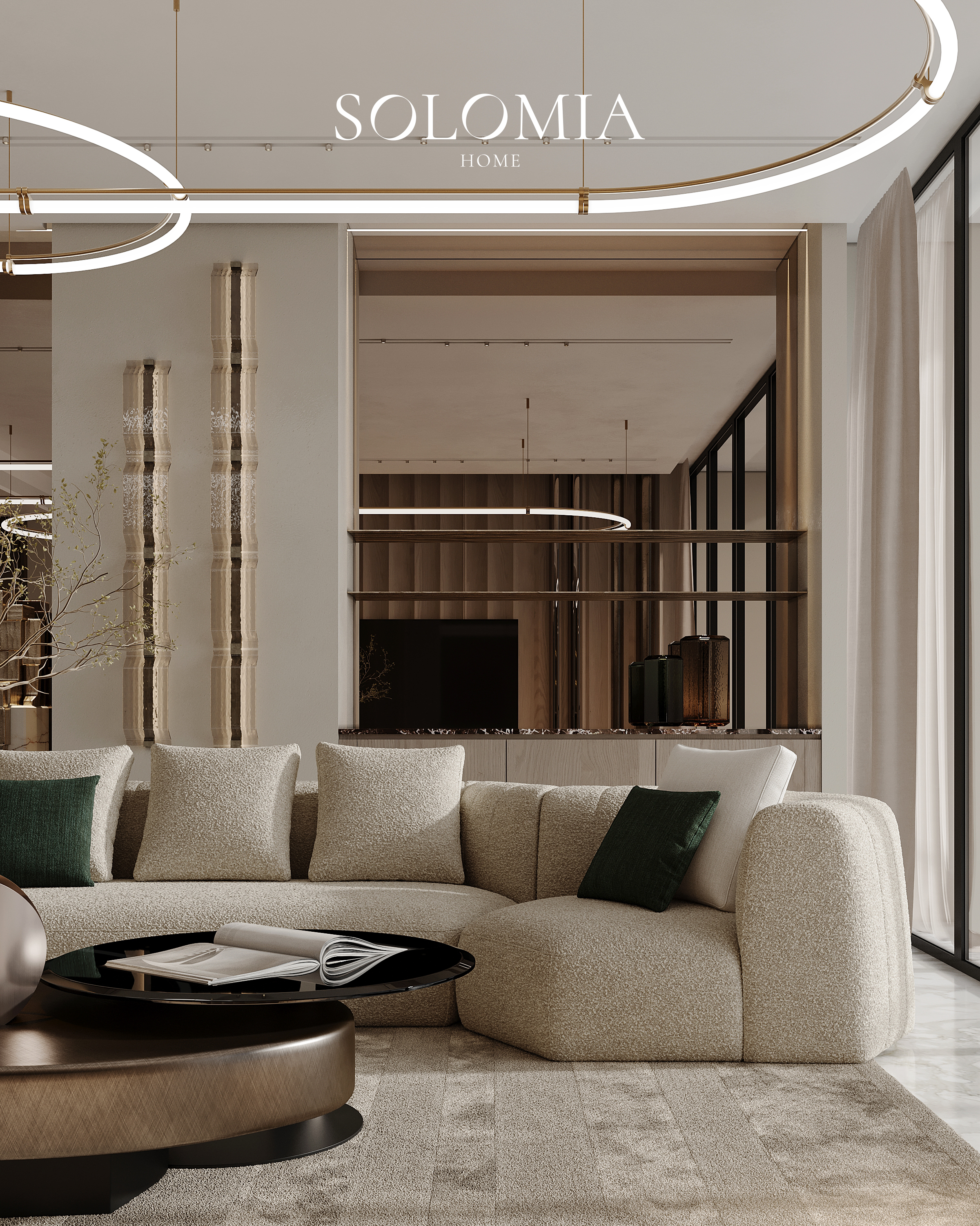 Living room with curved sofa and green cushions, Atlantis The Royal — luxury interior design Dubai