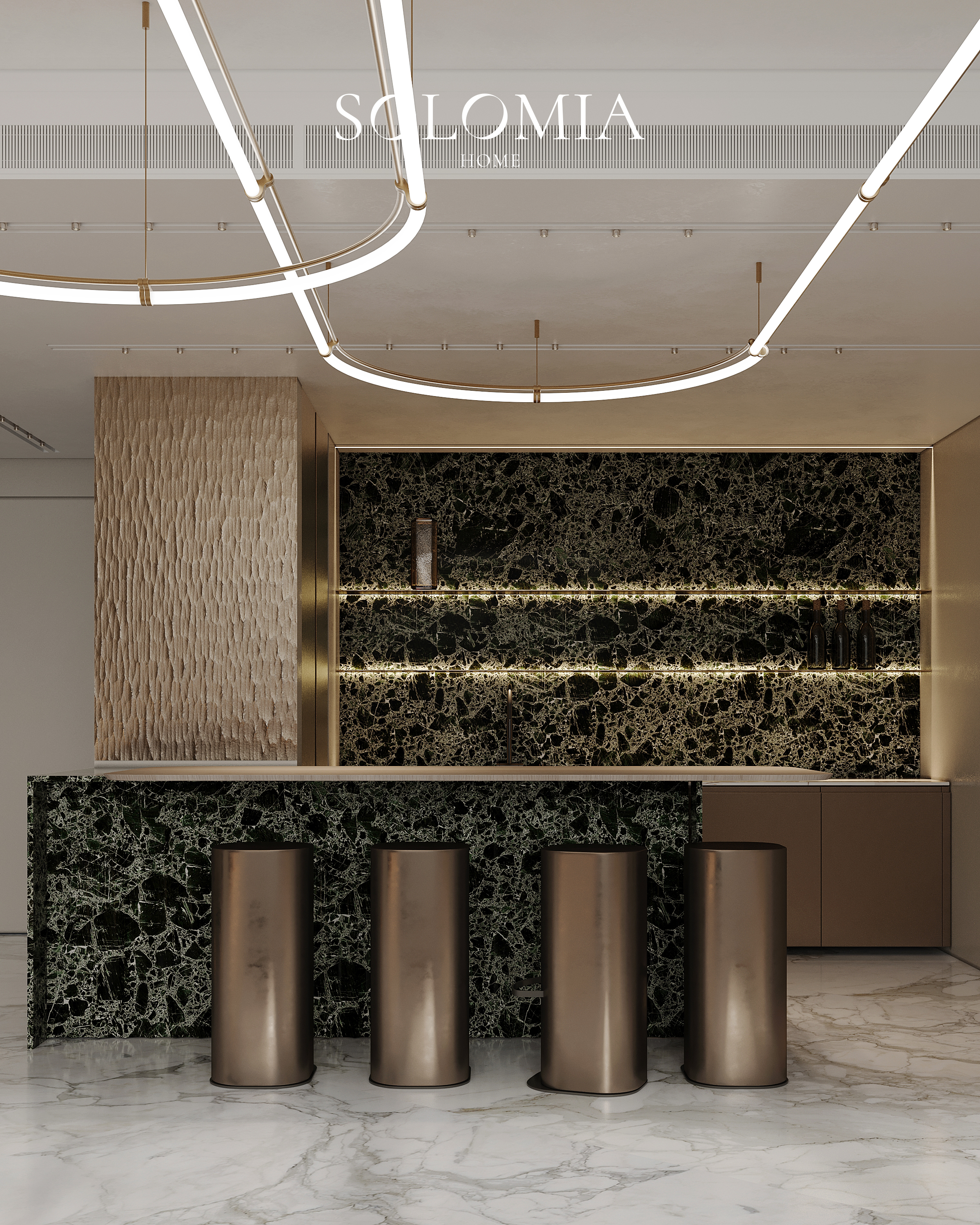 Home bar with green marble counter, Atlantis The Royal — luxury interior design Dubai
