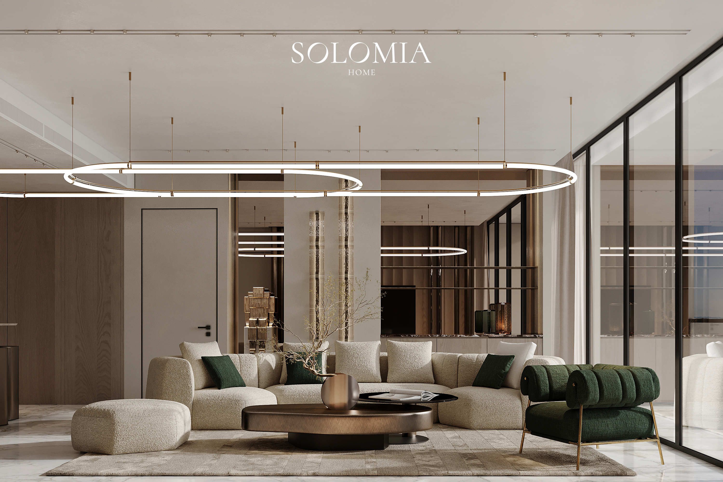 Open-plan living room with ring lights, Atlantis The Royal — luxury interior design Dubai