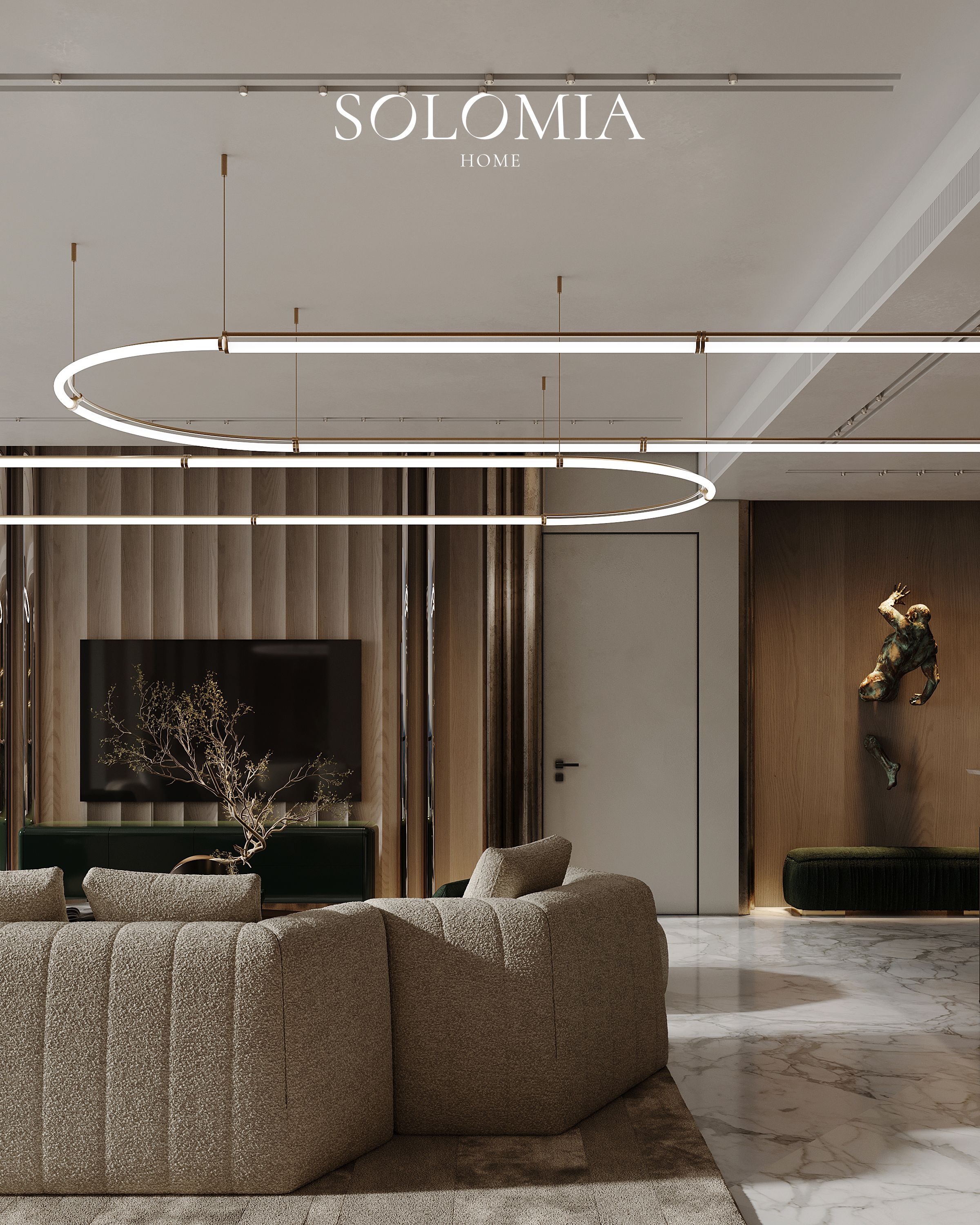 Living room with fluted wall and bronze sculpture, Atlantis The Royal — luxury interior design Dubai