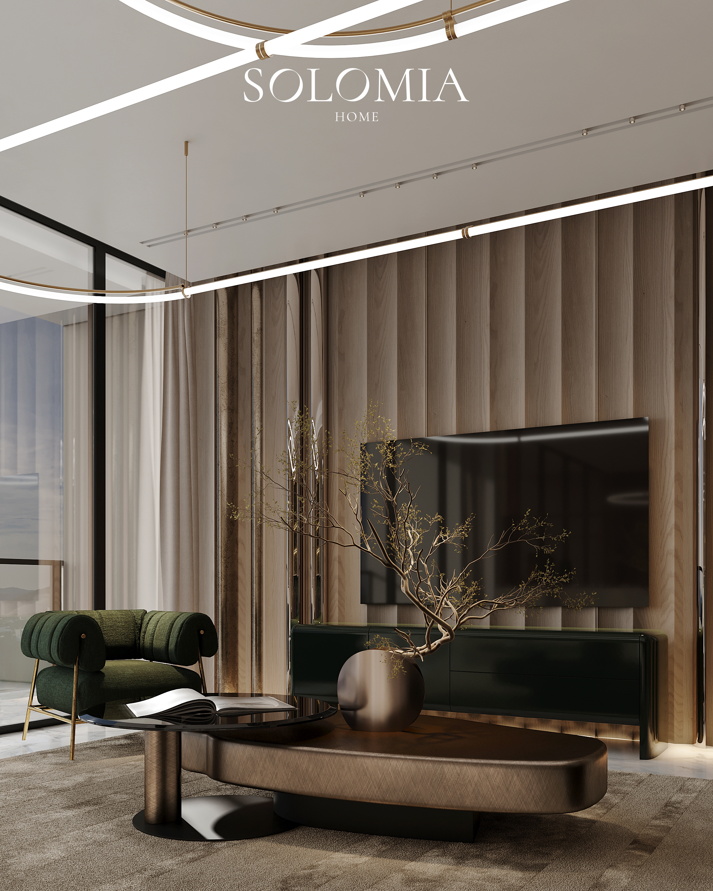 TV wall with green armchair, Atlantis The Royal — luxury interior design Dubai