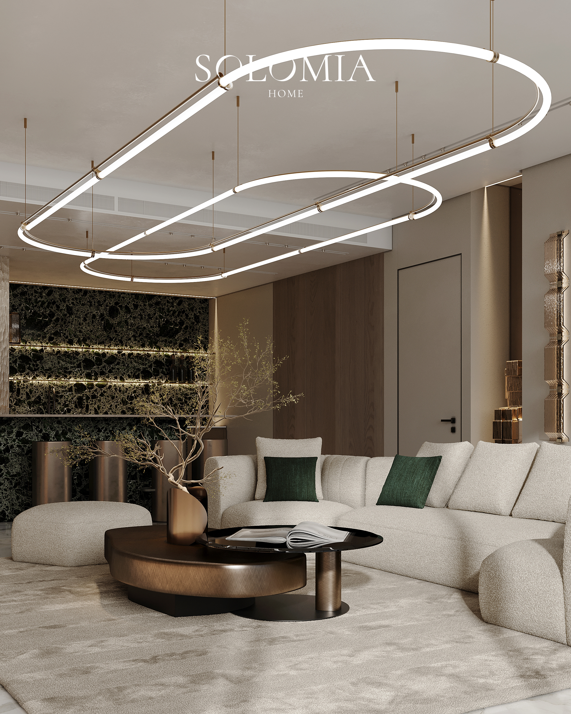 Living room with bar and white sofa, Atlantis The Royal — luxury interior design Dubai