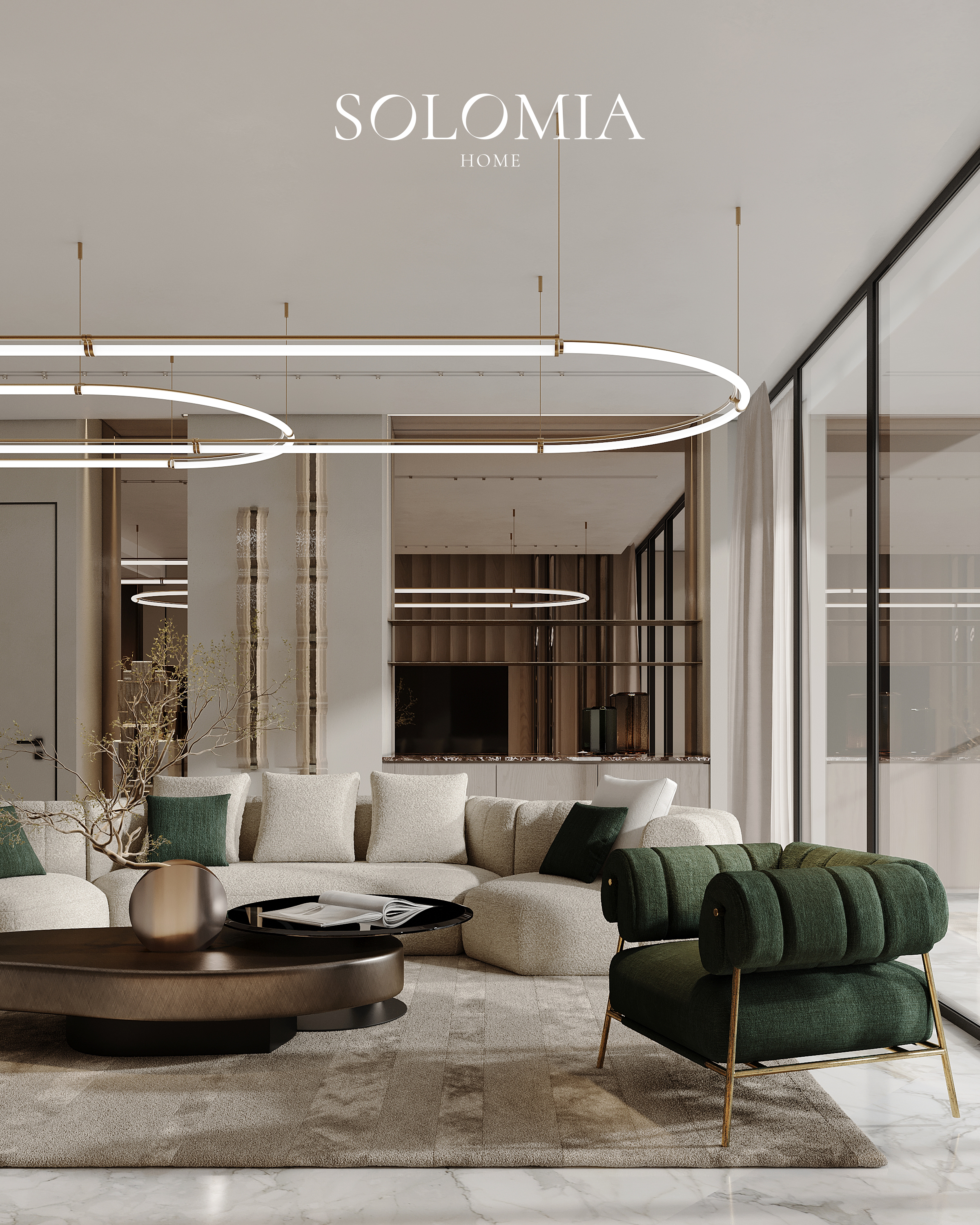 Lounge with green armchairs and ring lights, Atlantis The Royal — luxury interior design Dubai