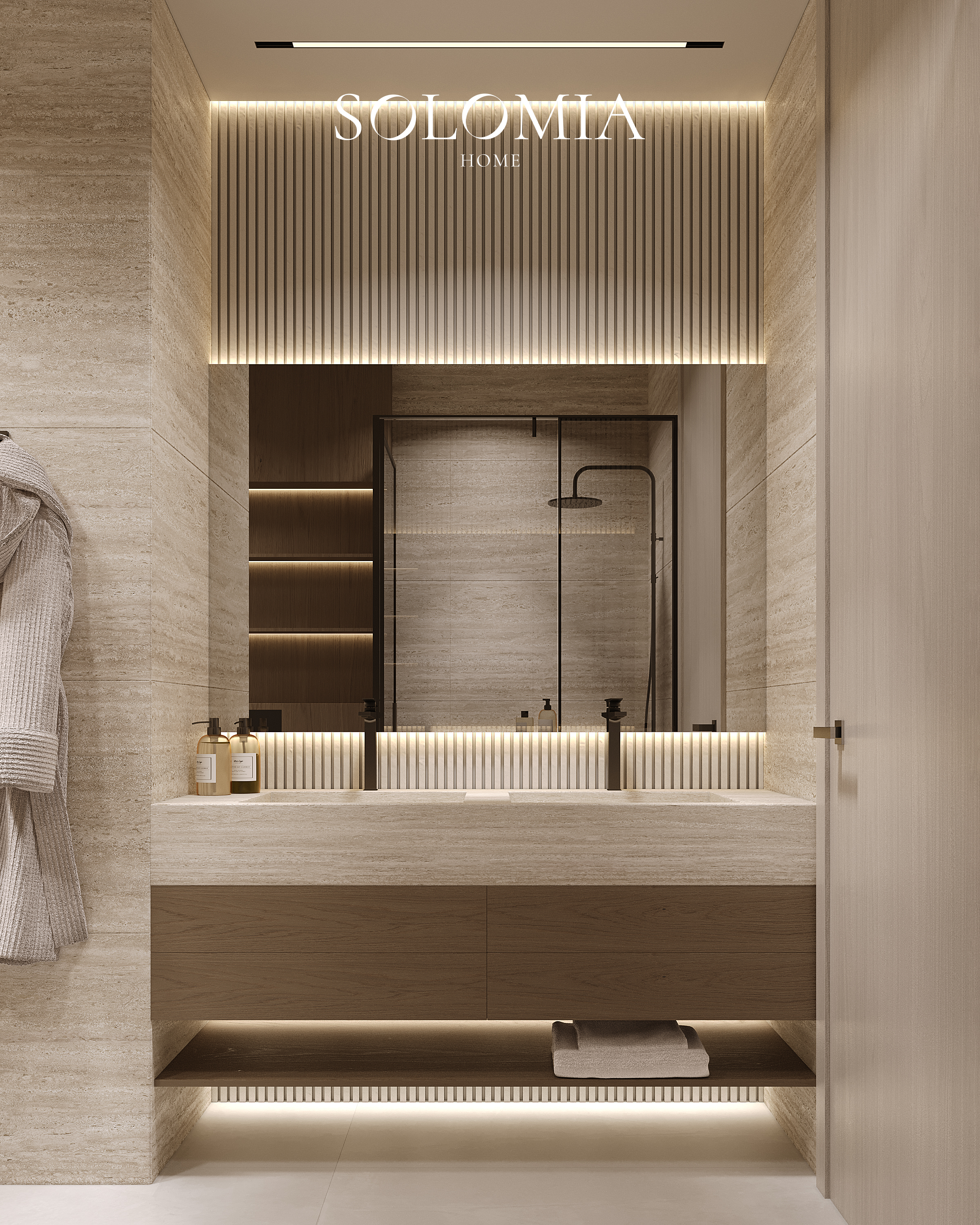 Travertine bathroom with double vanity, Sobha Hartland — luxury interior design Dubai