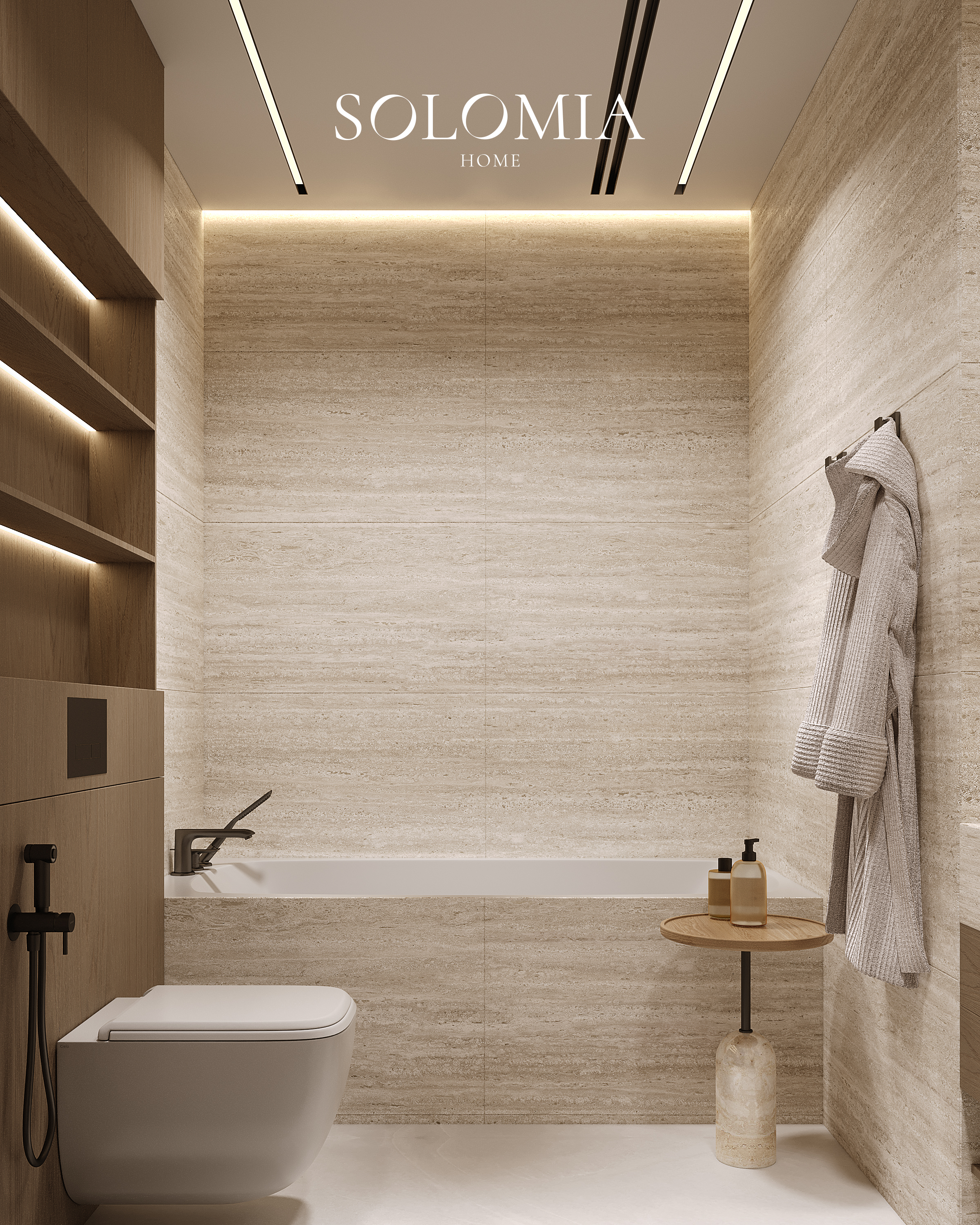 Travertine bathroom with bathtub, Sobha Hartland — luxury interior design Dubai