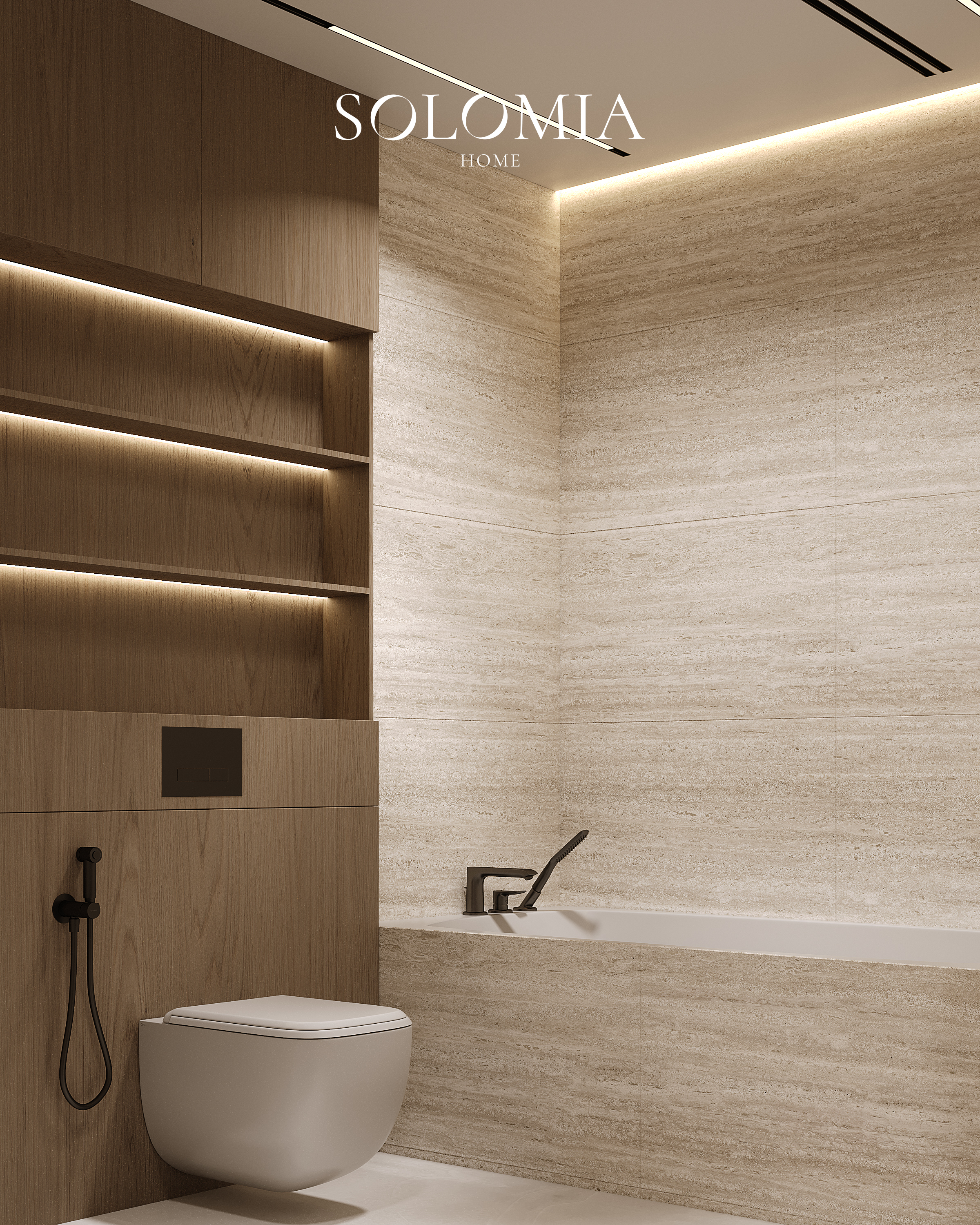 Travertine bathroom with lit niches, Sobha Hartland — luxury interior design Dubai