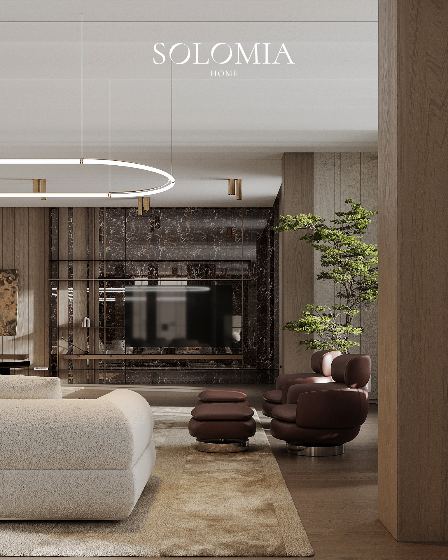 Living room with ring light and mirrored wall, Royal Expo Apartment — luxury interior design Astana