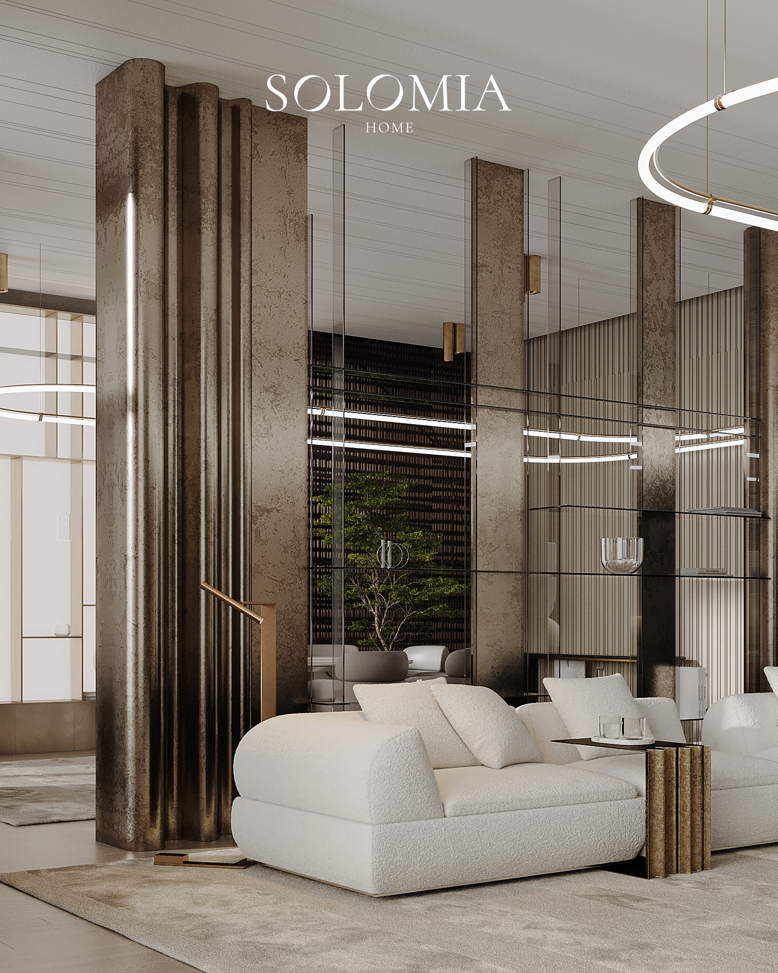 Lounge with bronze columns and white sofa, Royal Expo Apartment — luxury interior design Astana
