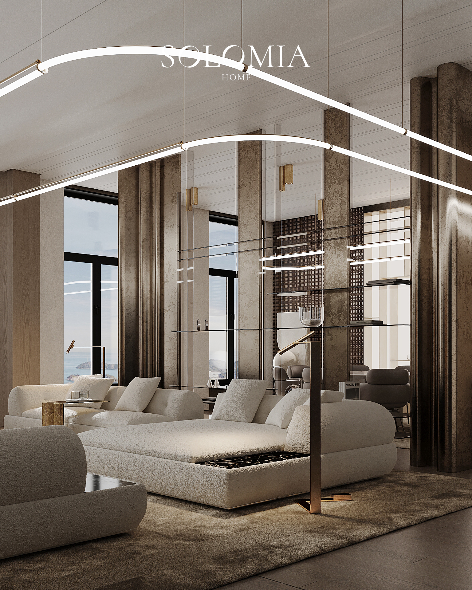 Living room with linear ring light, Royal Expo Apartment — luxury interior design Astana