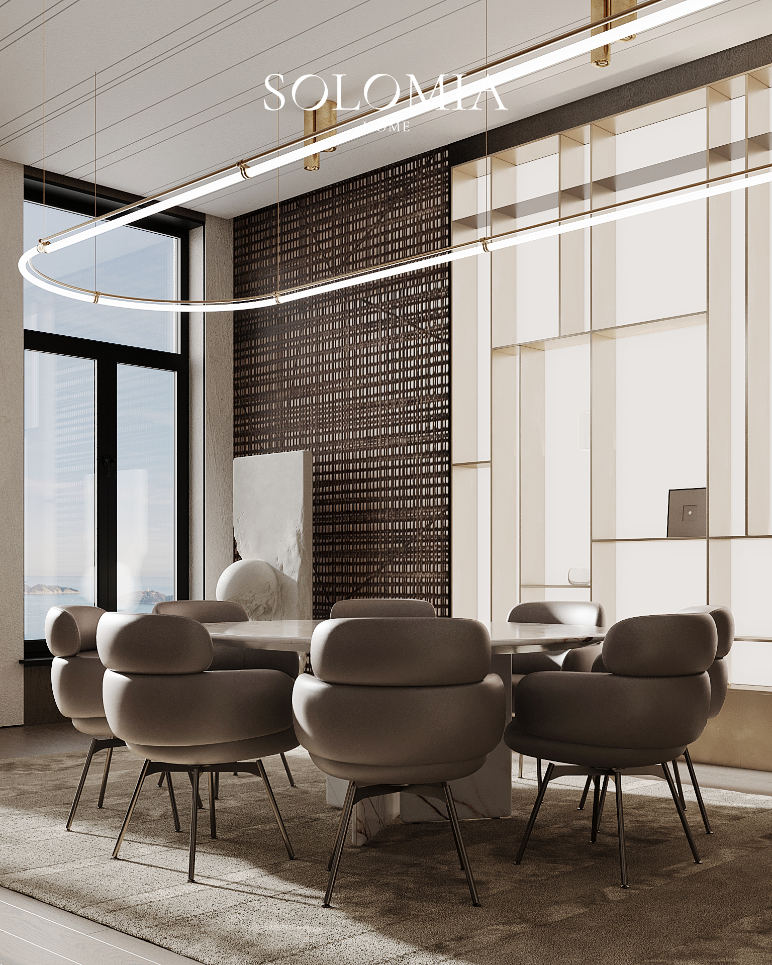 Dining chairs with ring light, Royal Expo Apartment — luxury interior design Astana