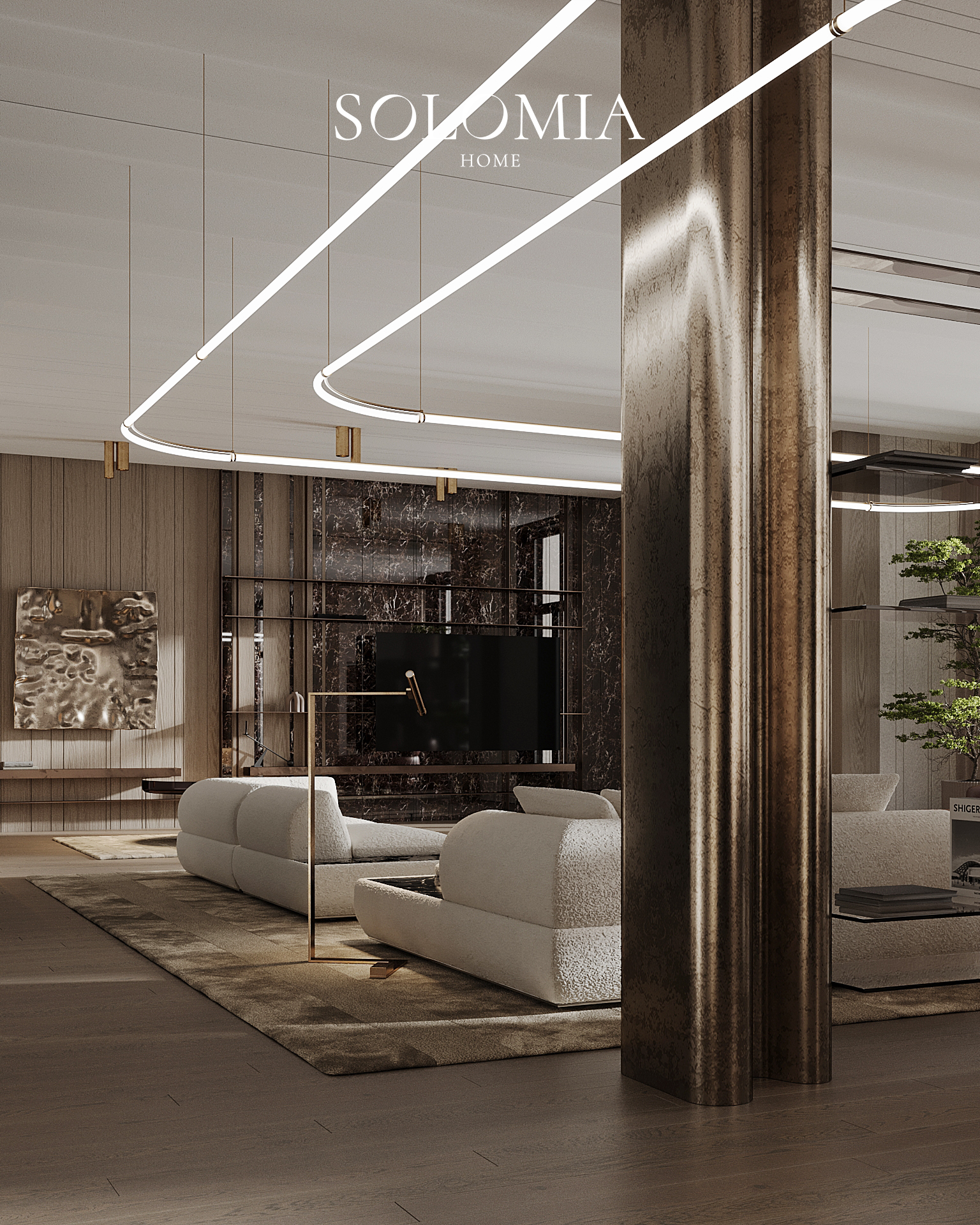 Living room with bronze columns, Royal Expo Apartment — luxury interior design Astana