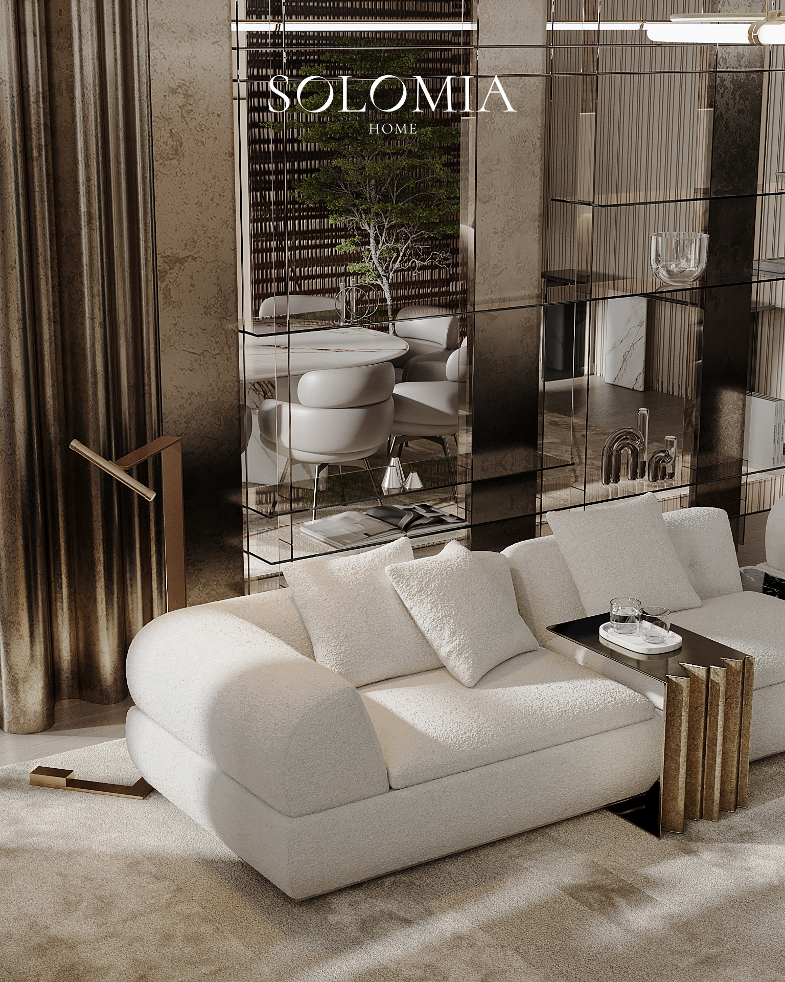 White sofa with mirrored screen, Royal Expo Apartment — luxury interior design Astana